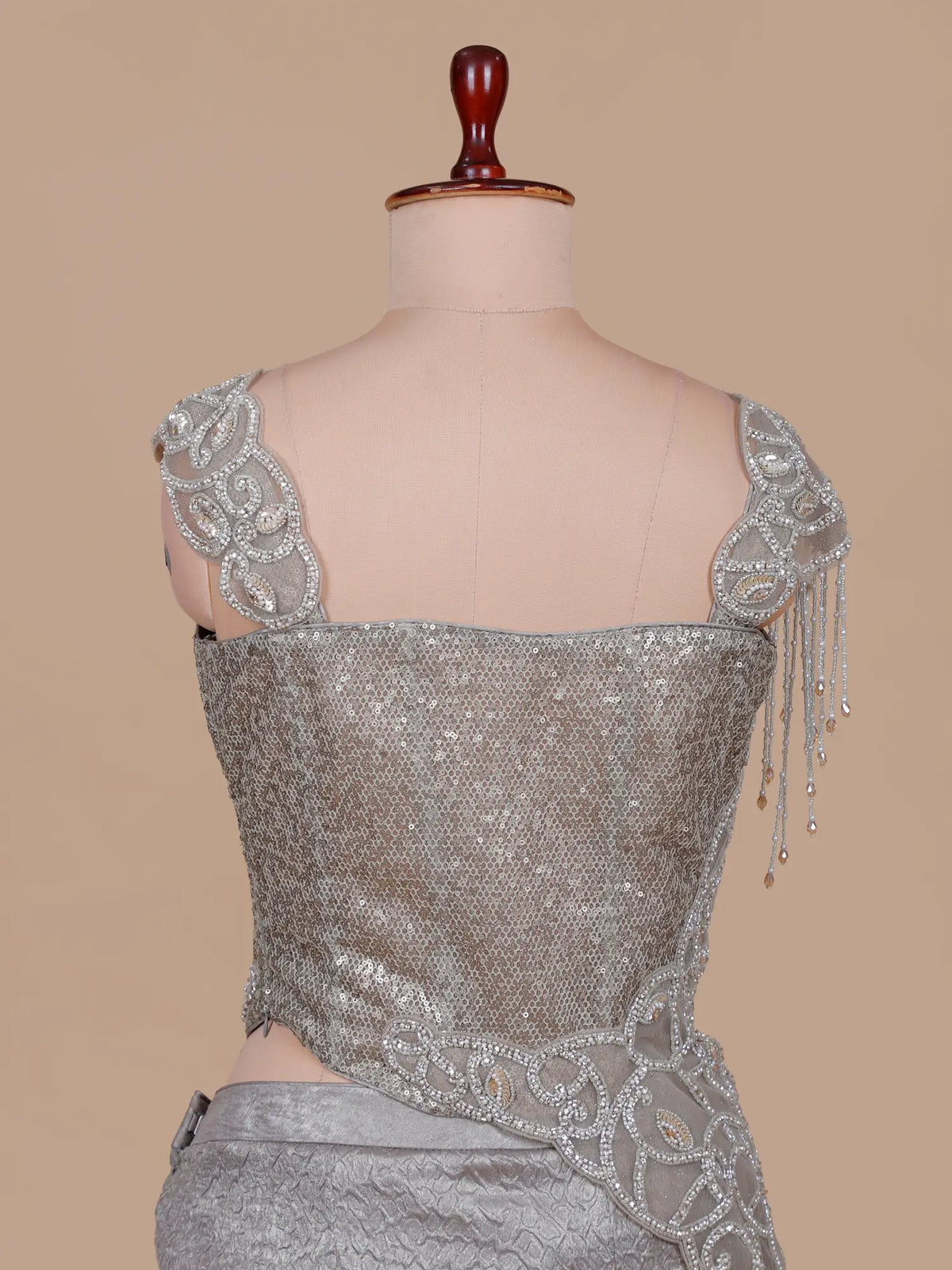 Refined Grey Imported Pre Drape Saree Showcasing Moti Cut Dana Work