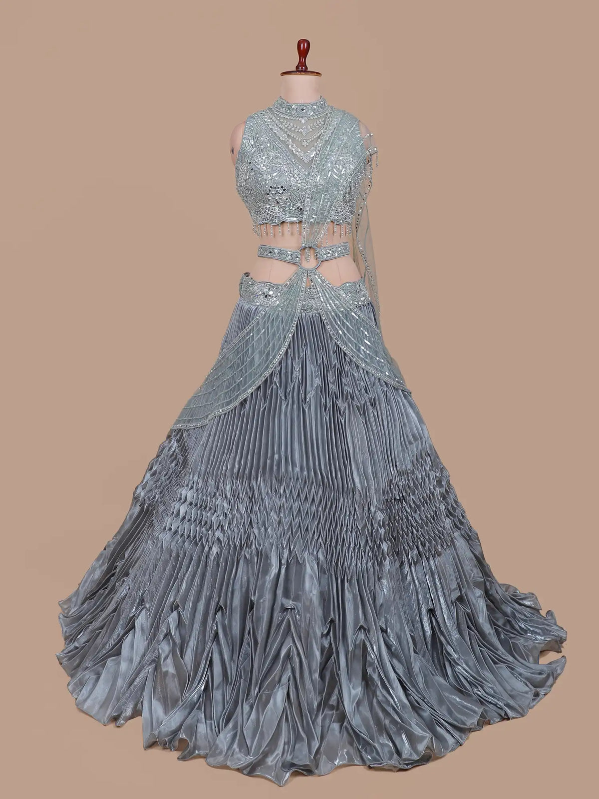 Stylish Grey Organza Drape Lehenga with Structured Pleats and Mirrors