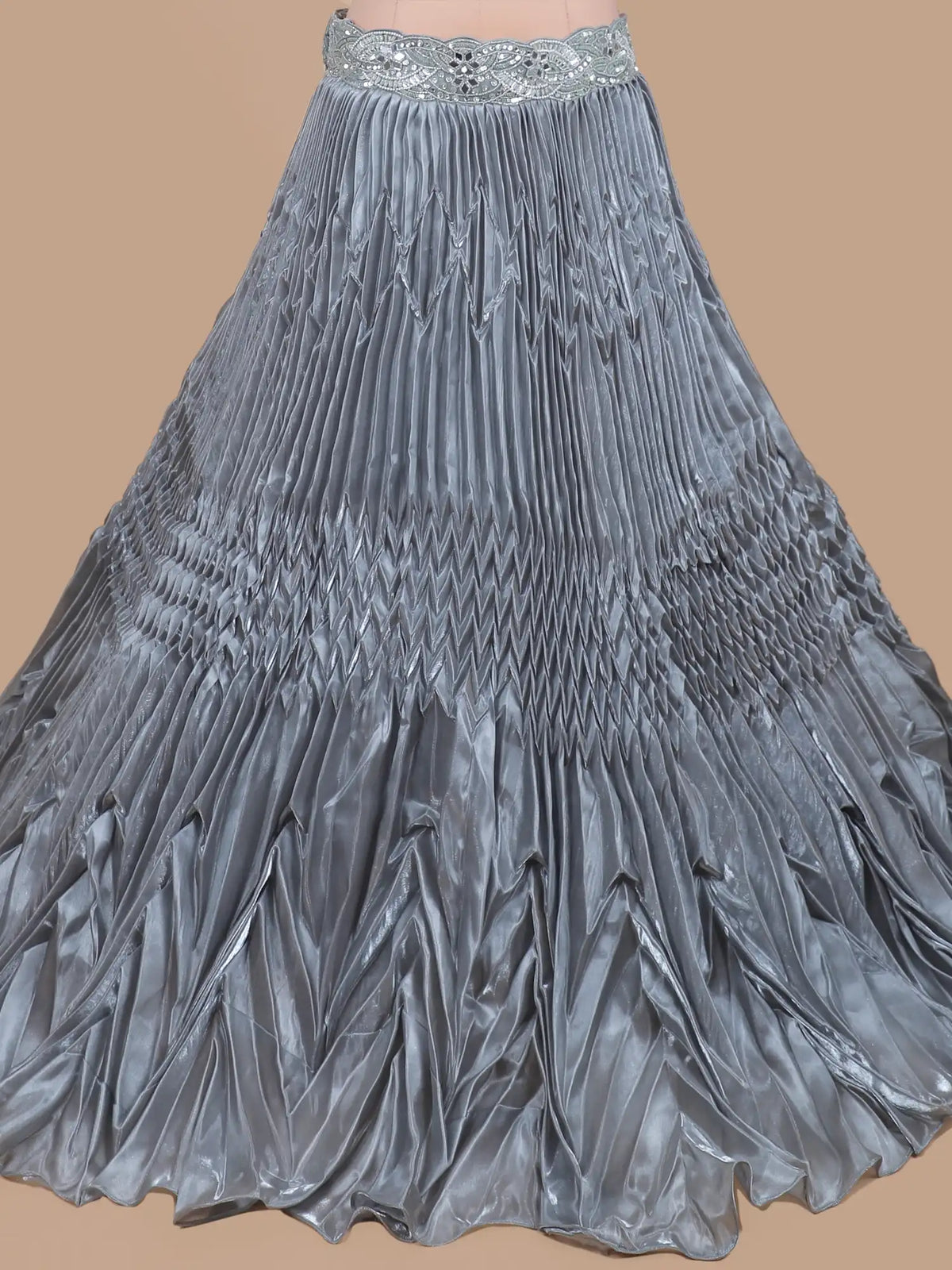 Stylish Grey Organza Drape Lehenga with Structured Pleats and Mirrors