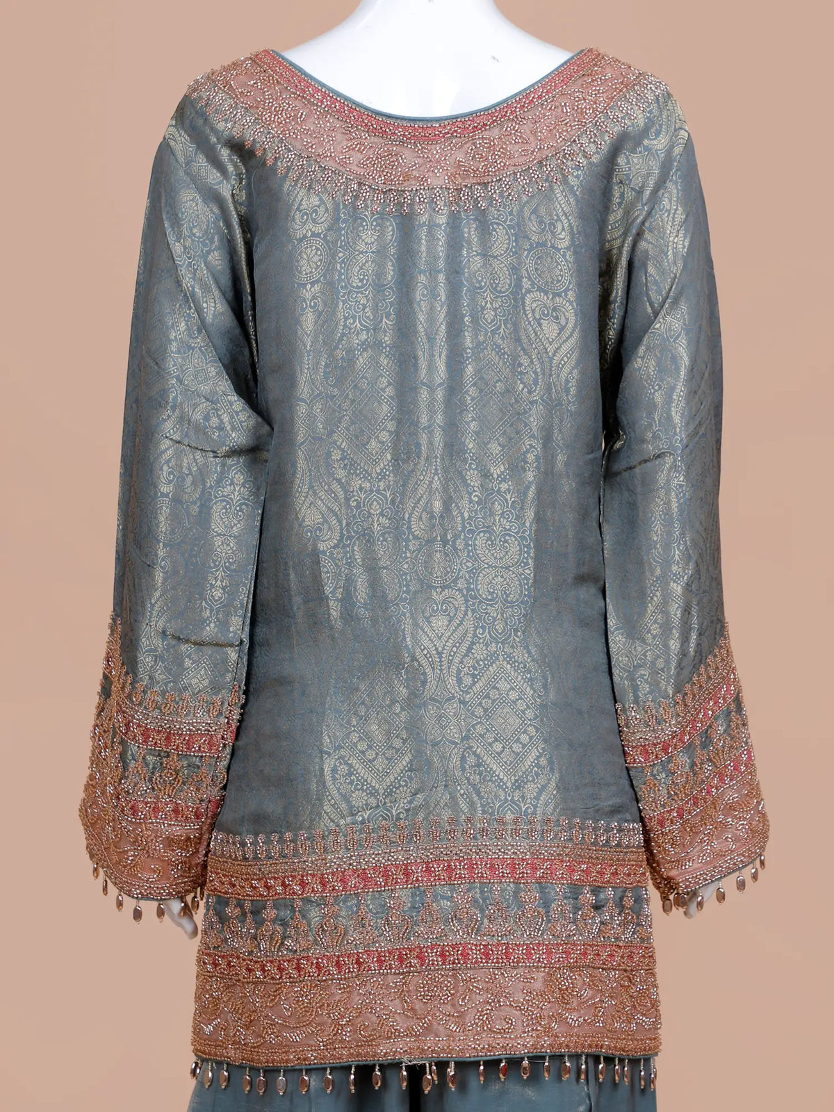 Exclusive Grey Shimmer Banarasi Silk Salwar Suit Highlighting Beads Work