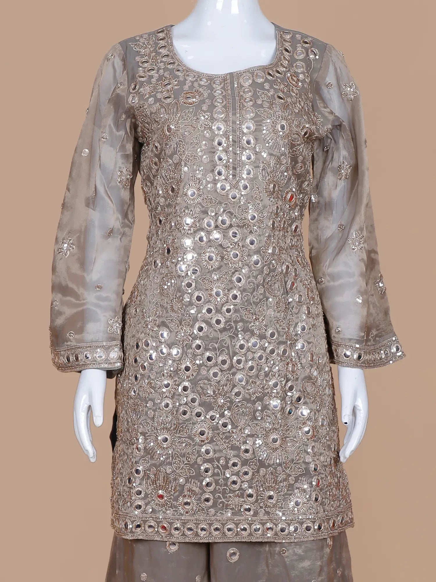 Elevate Grey Shimmer Silk Traditional Palazzo Suit Showcasing Mirror Work