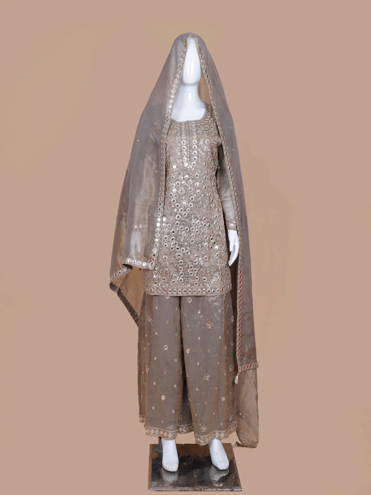 Elevate Grey Shimmer Silk Traditional Palazzo Suit Showcasing Mirror Work