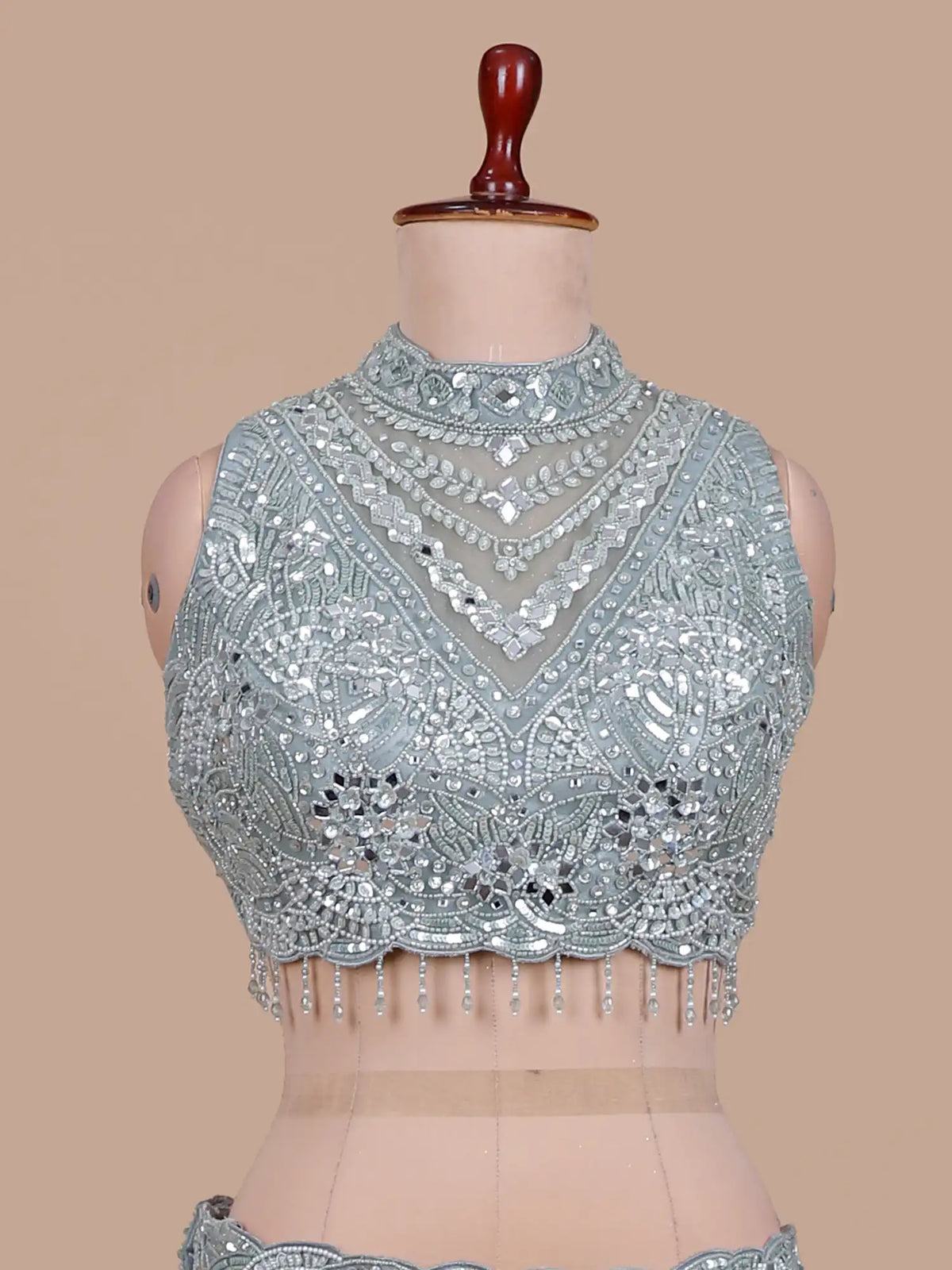 Stylish Grey Organza Drape Lehenga with Structured Pleats and Mirrors