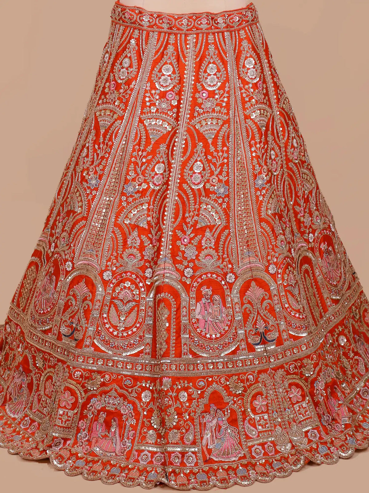 Handcrafted Rust Orange Bridal Lehenga with Wedding Couple Embroidery