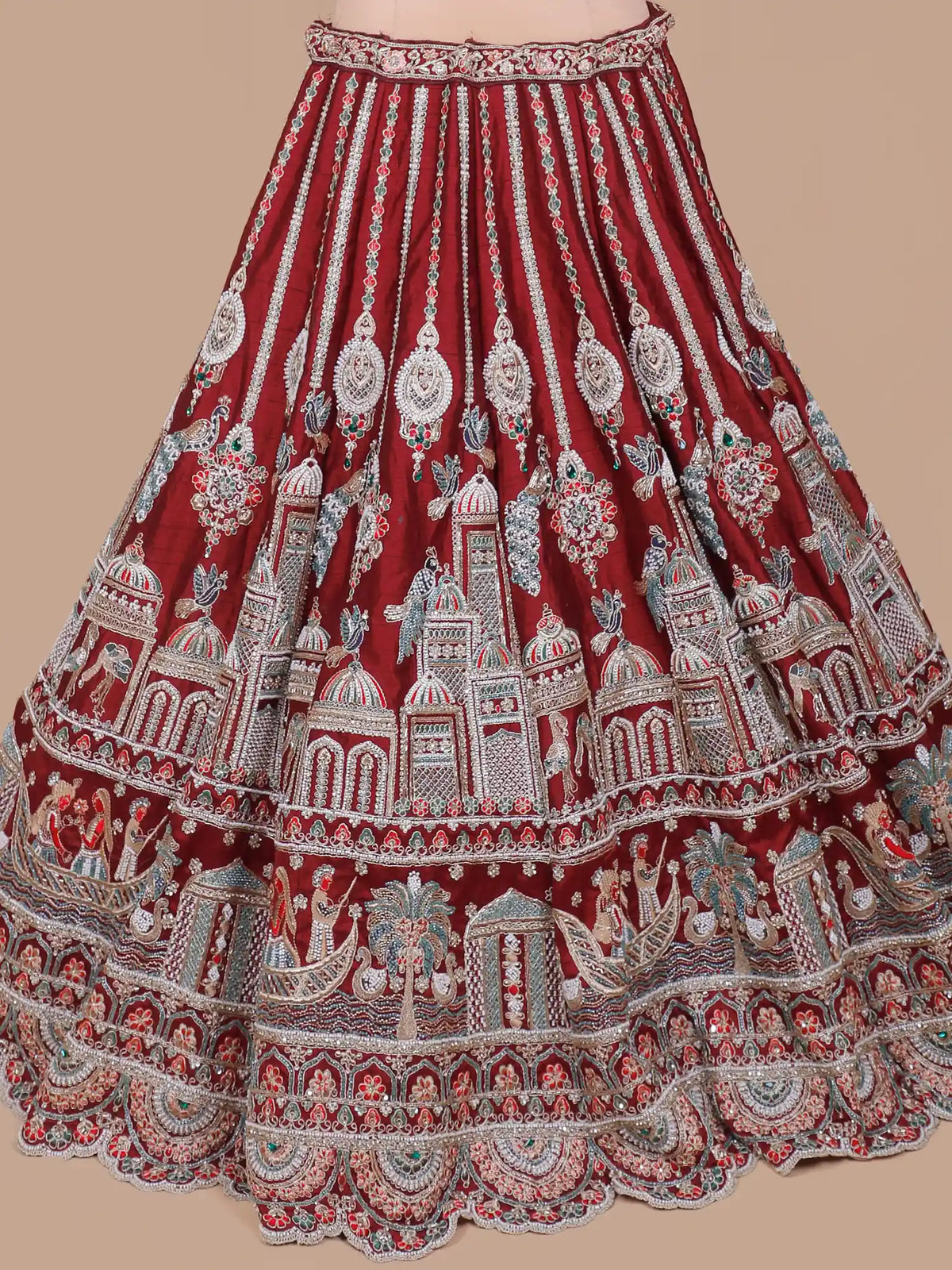 Majestic Maroon Silk Bridal Lehenga with Scenic Royal Palace Embroidery