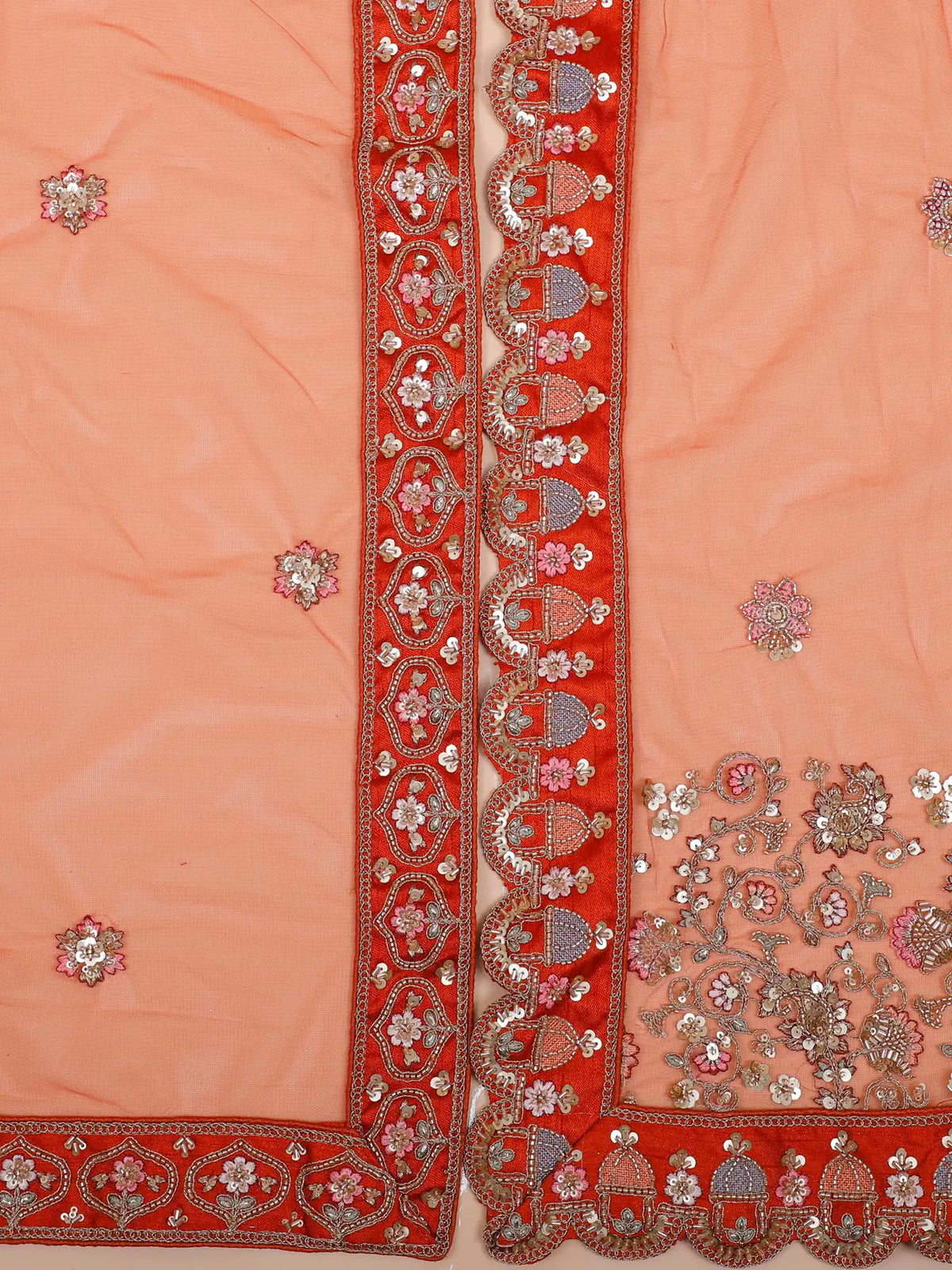 Handcrafted Rust Orange Bridal Lehenga with Wedding Couple Embroidery