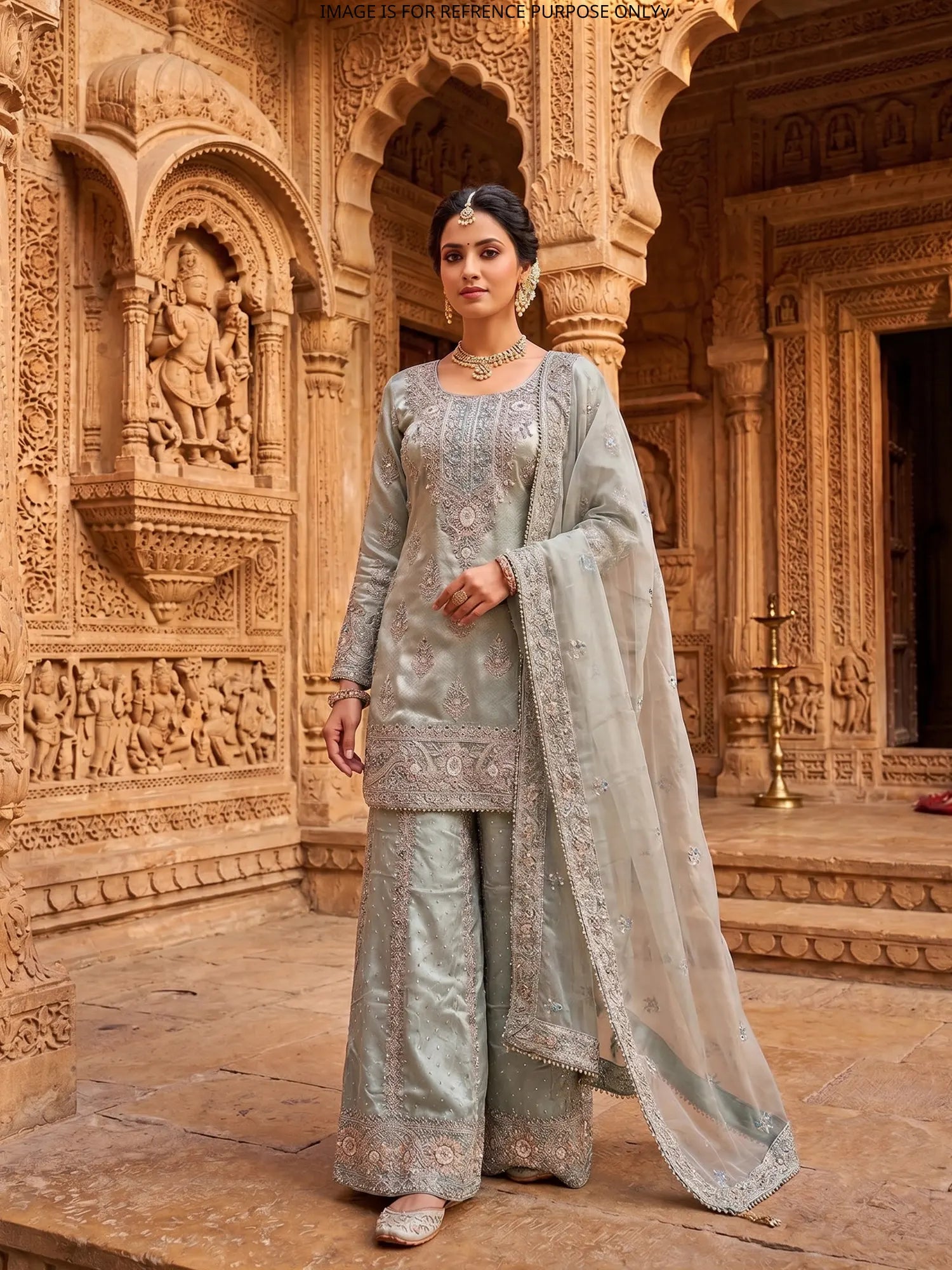 Heritage Sea Green Shimmer Silk Palazzo Suit In Mirror Threadwork