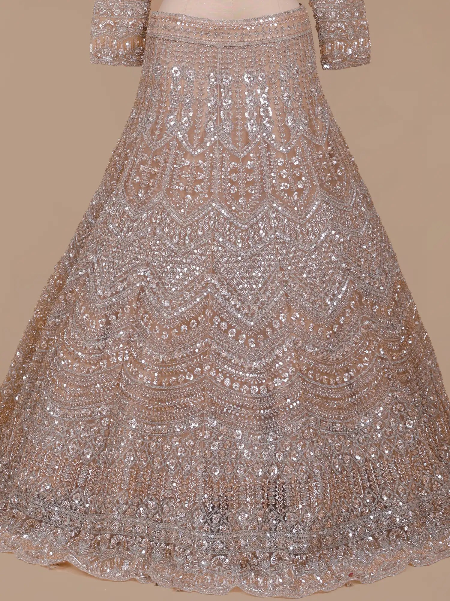 Buy Stunning Champagne Net Lehenga Online With Elegant Designer Handwork