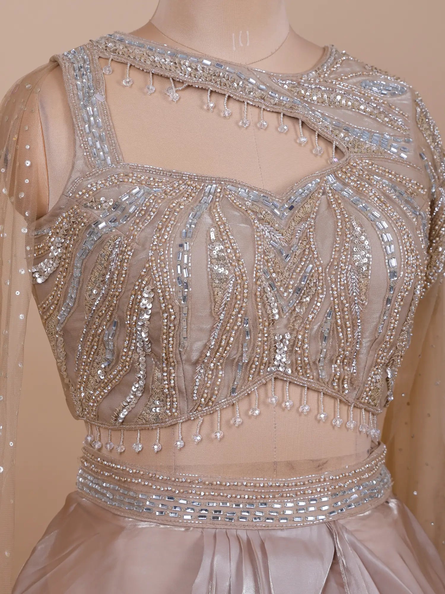 Grand Champagne Designer Drape Lehenga Online With Sparkling Details