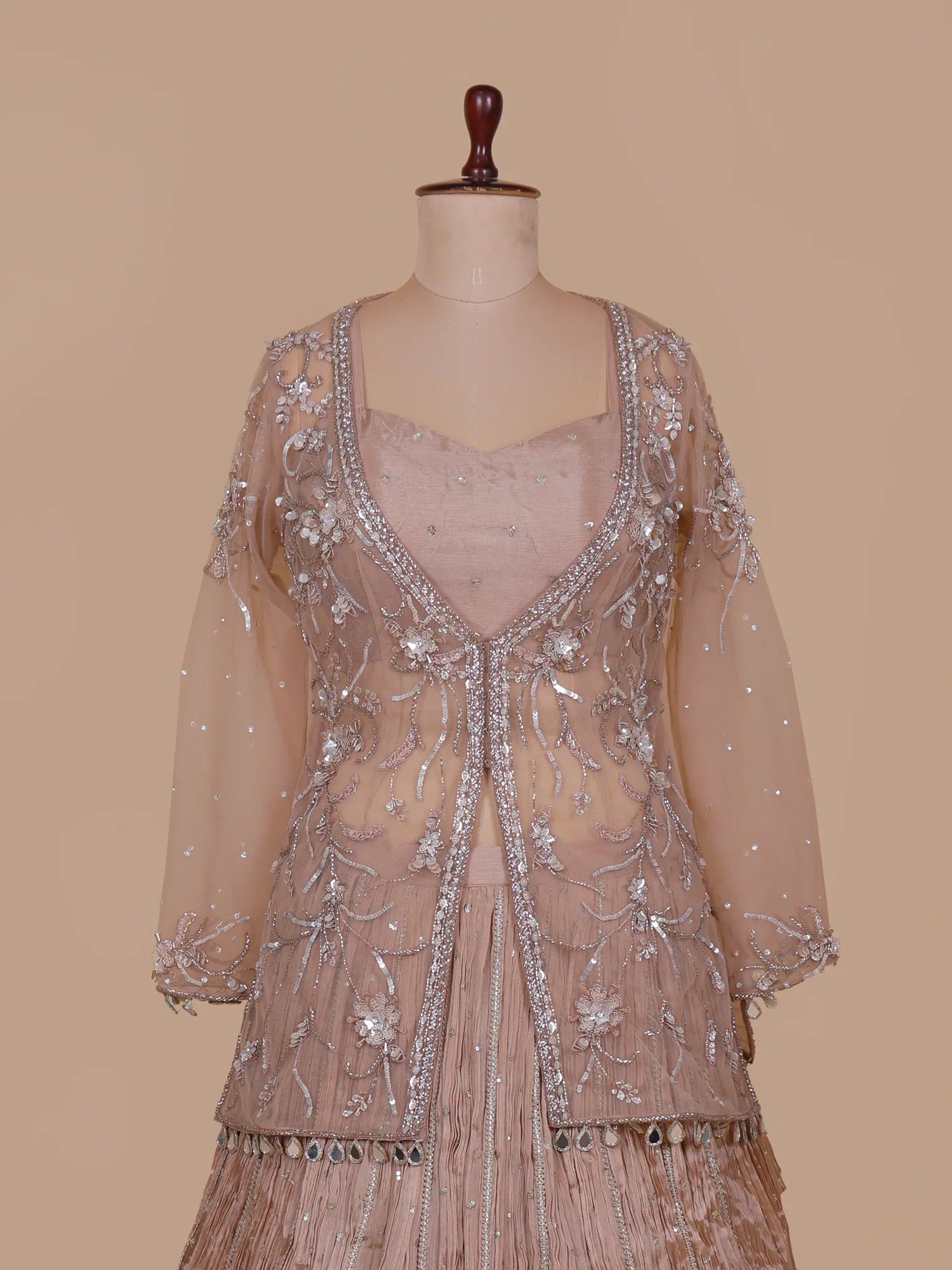 Buy Premium Chickoo Designer Shrug Lehenga With Luxurious Sparkle