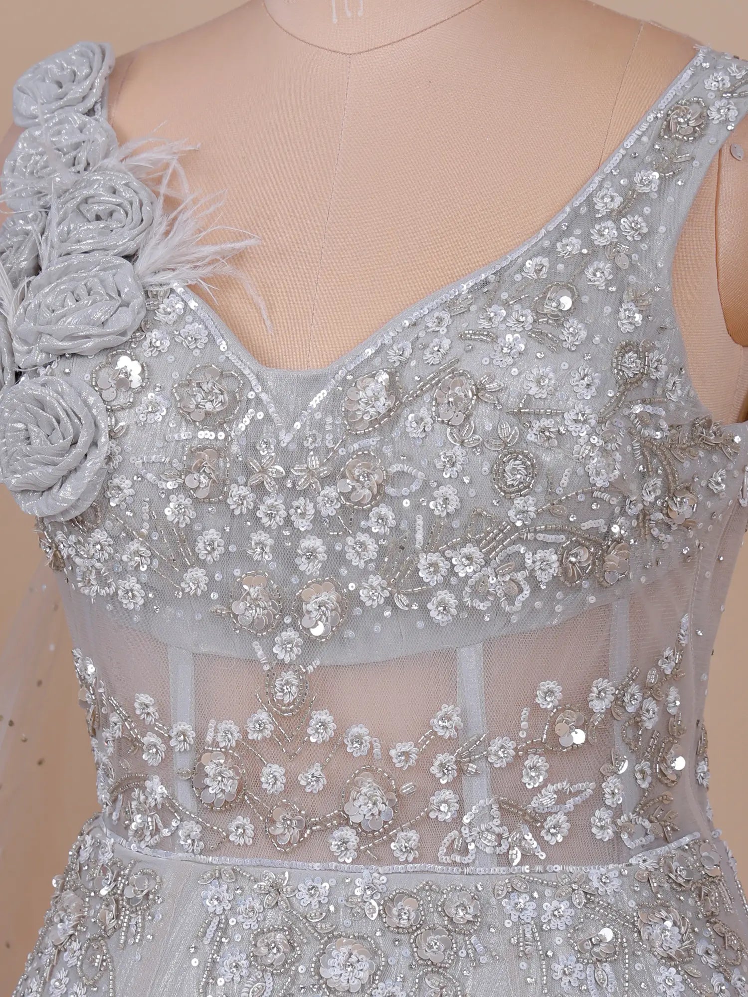Premium Light Silver Wedding Wear Gown with Diamond Work and Elegant Look