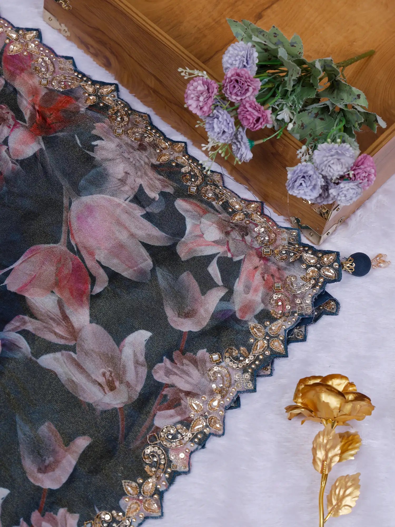 Classic Navy Blue Printed Crepe Saree Online Store With Designer Stone Embroidery