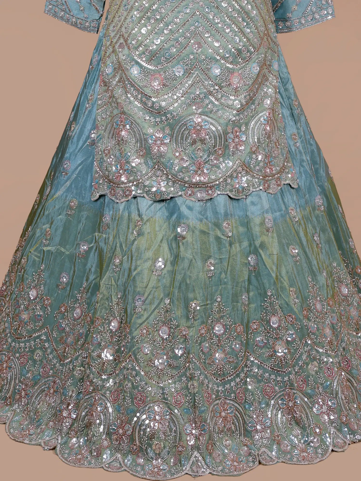 Premium Traditional Sky Blue Shimmer Peplum Lehenga With Pearl Work