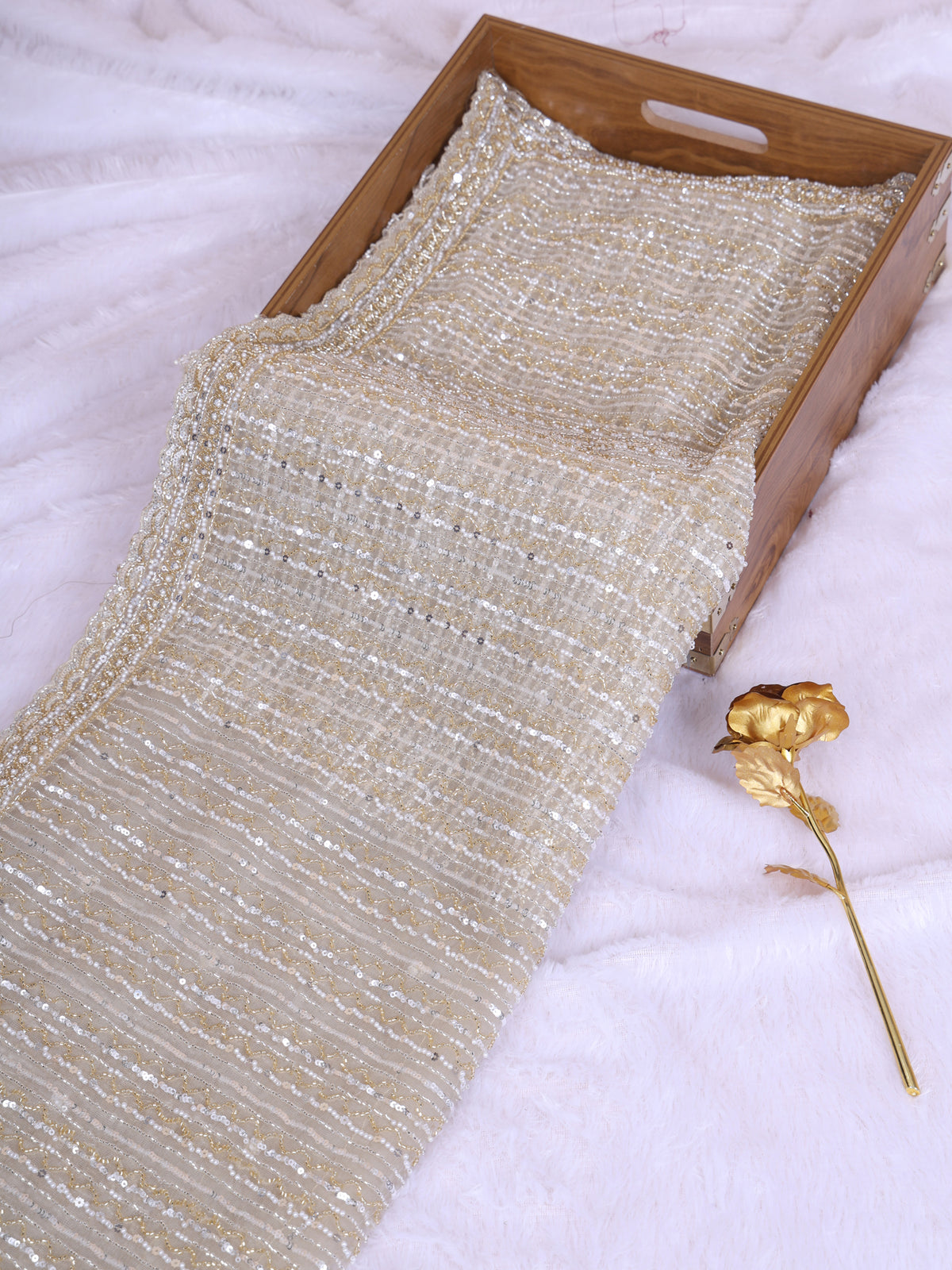 Hand Emblisment Soft Champagne Net Saree with Detailed Sequin Hand Embellishment