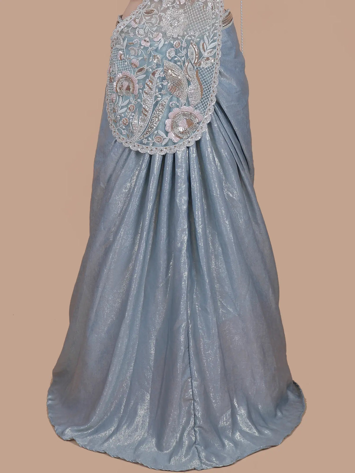 Regal Ice Blue Imported Silk Pre Drape Saree with Floral Beadwork