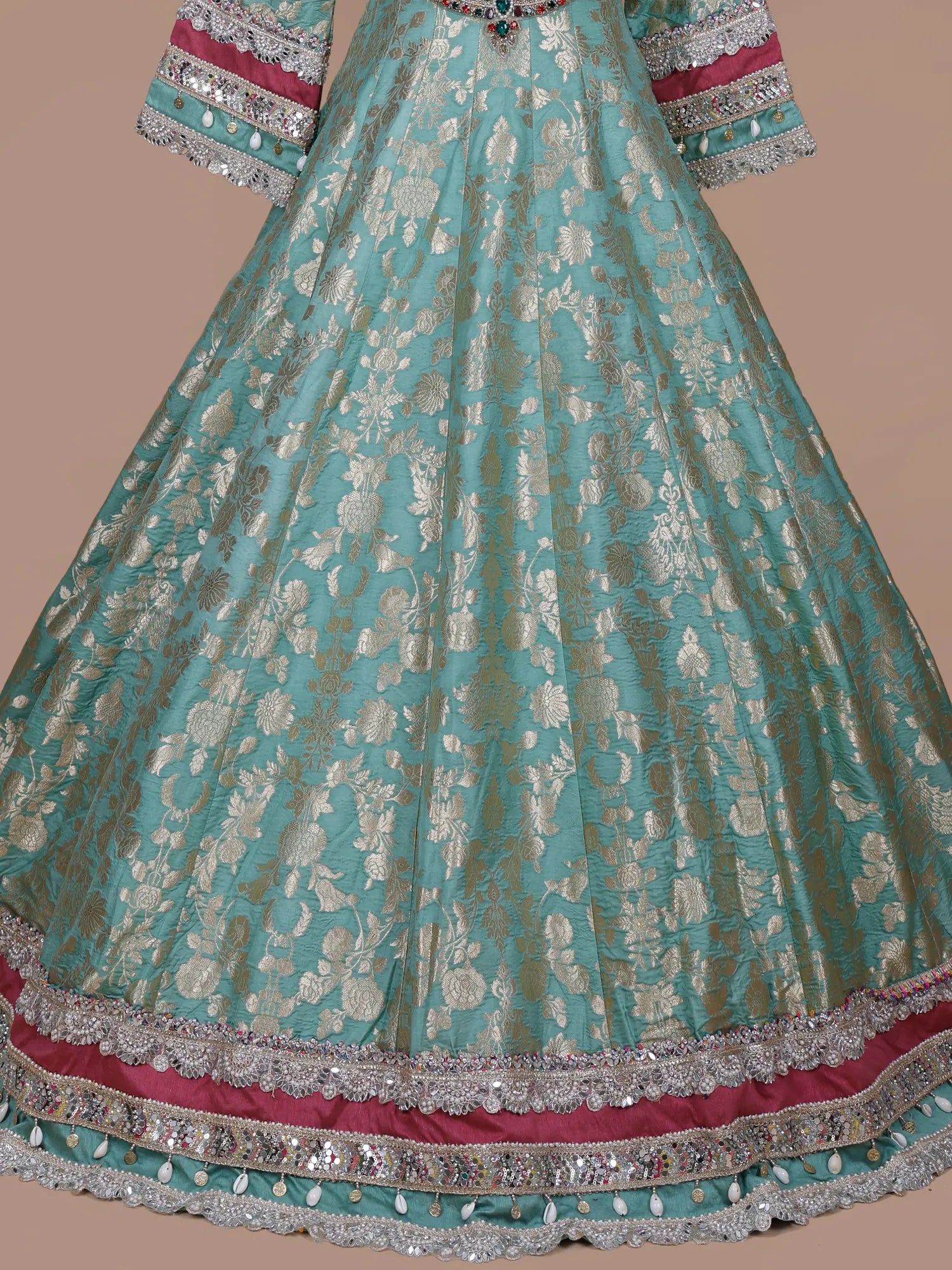 Magnificent Turquoise Blue Banarasi Silk Anarkali Gown Crafted for Grand Occasions