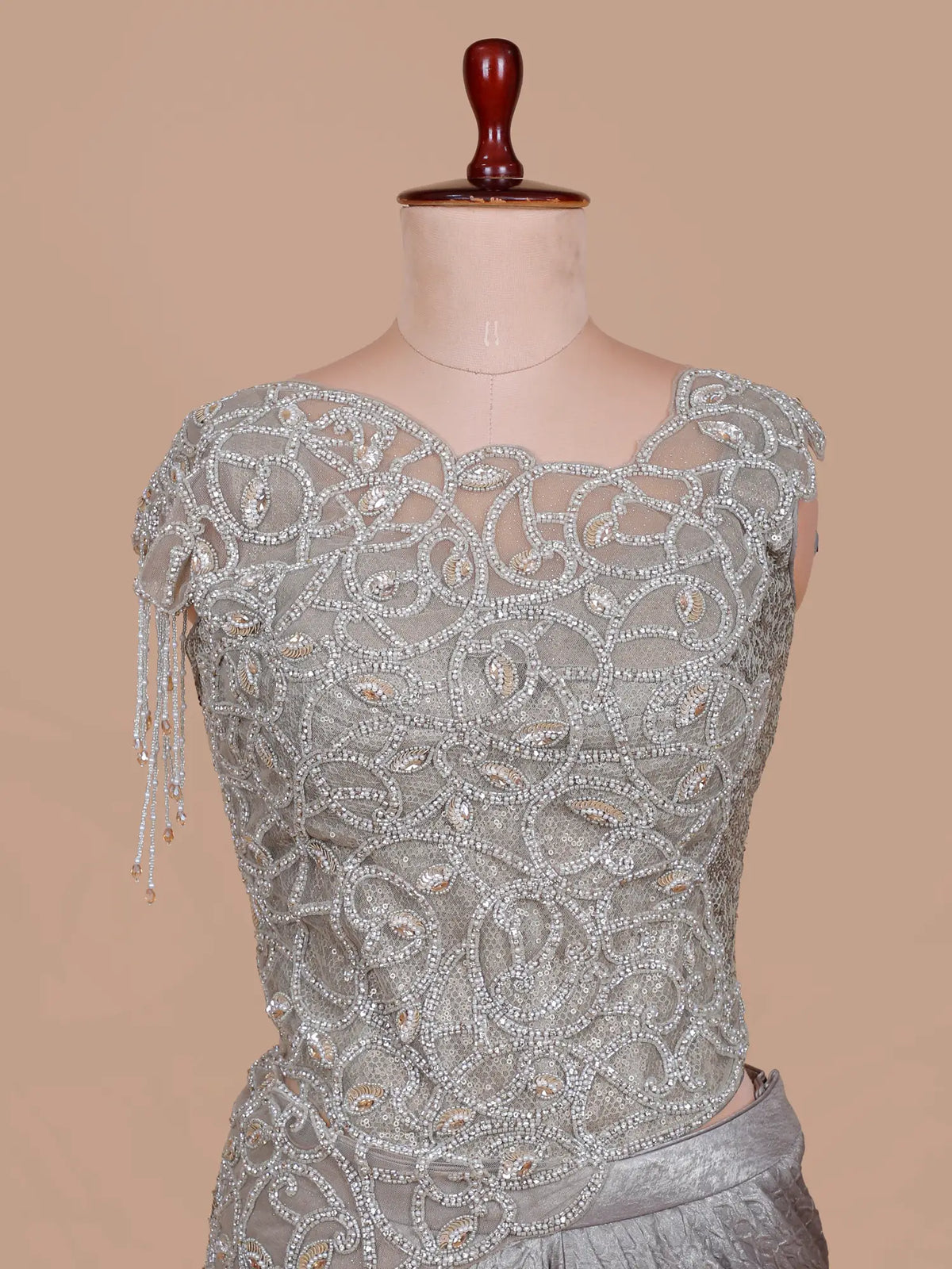 Refined Grey Imported Pre Drape Saree Showcasing Moti Cut Dana Work
