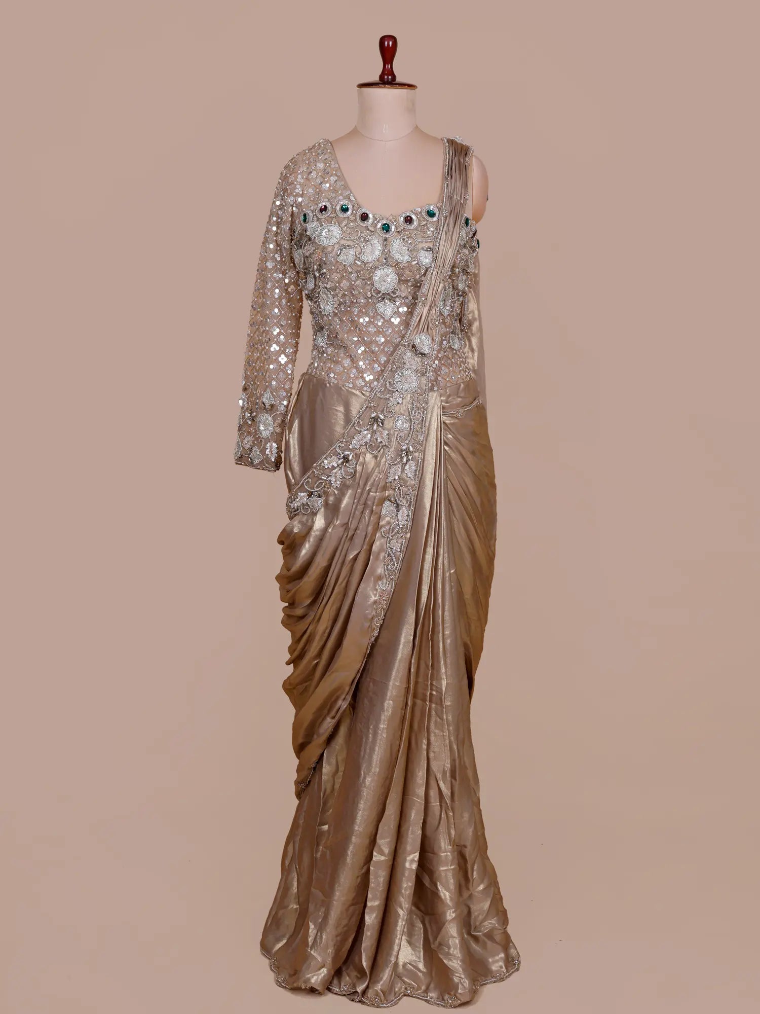 Golden Imported Pre-Draped Saree With Unique One-Sleeve Designer Blouse