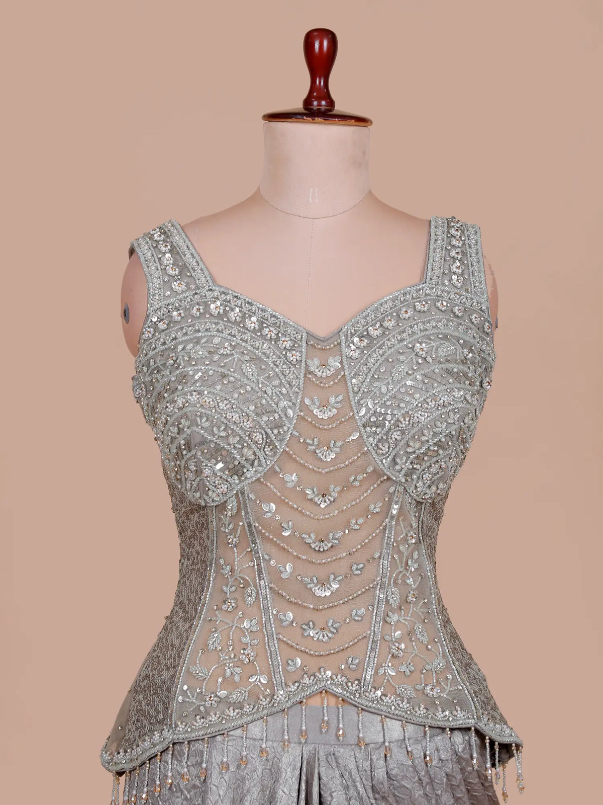 Modern Grey Imported Drape Saree Accented By Cut Dana Sequin Work