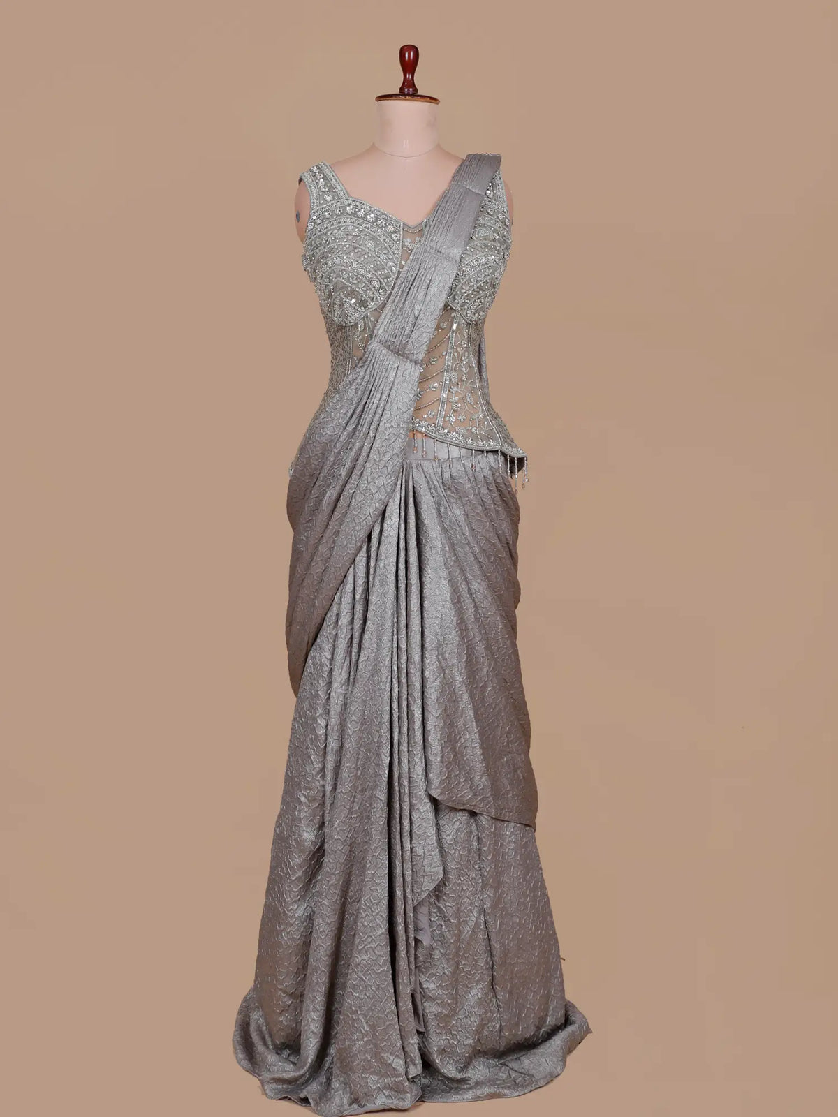 Modern Grey Imported Drape Saree Accented By Cut Dana Sequin Work