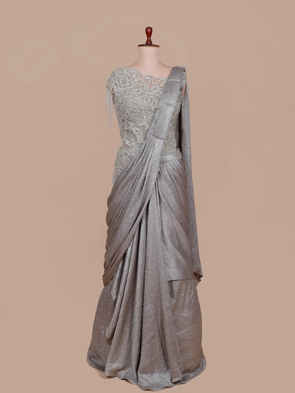 Refined Grey Imported Pre Drape Saree Showcasing Moti Cut Dana Work