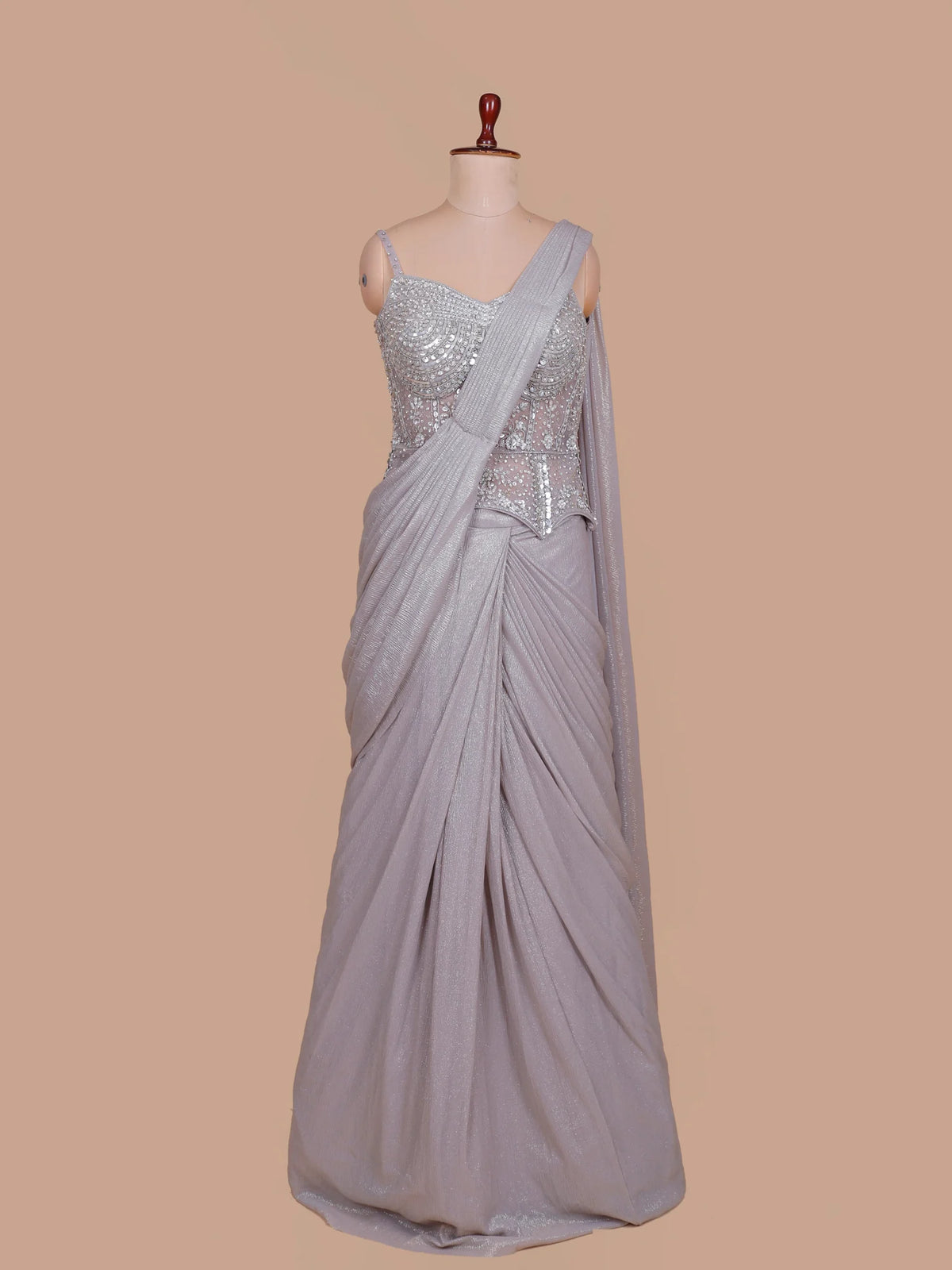 Light Lavender Imported Shimmer Pre Draped Saree With Sequins Work