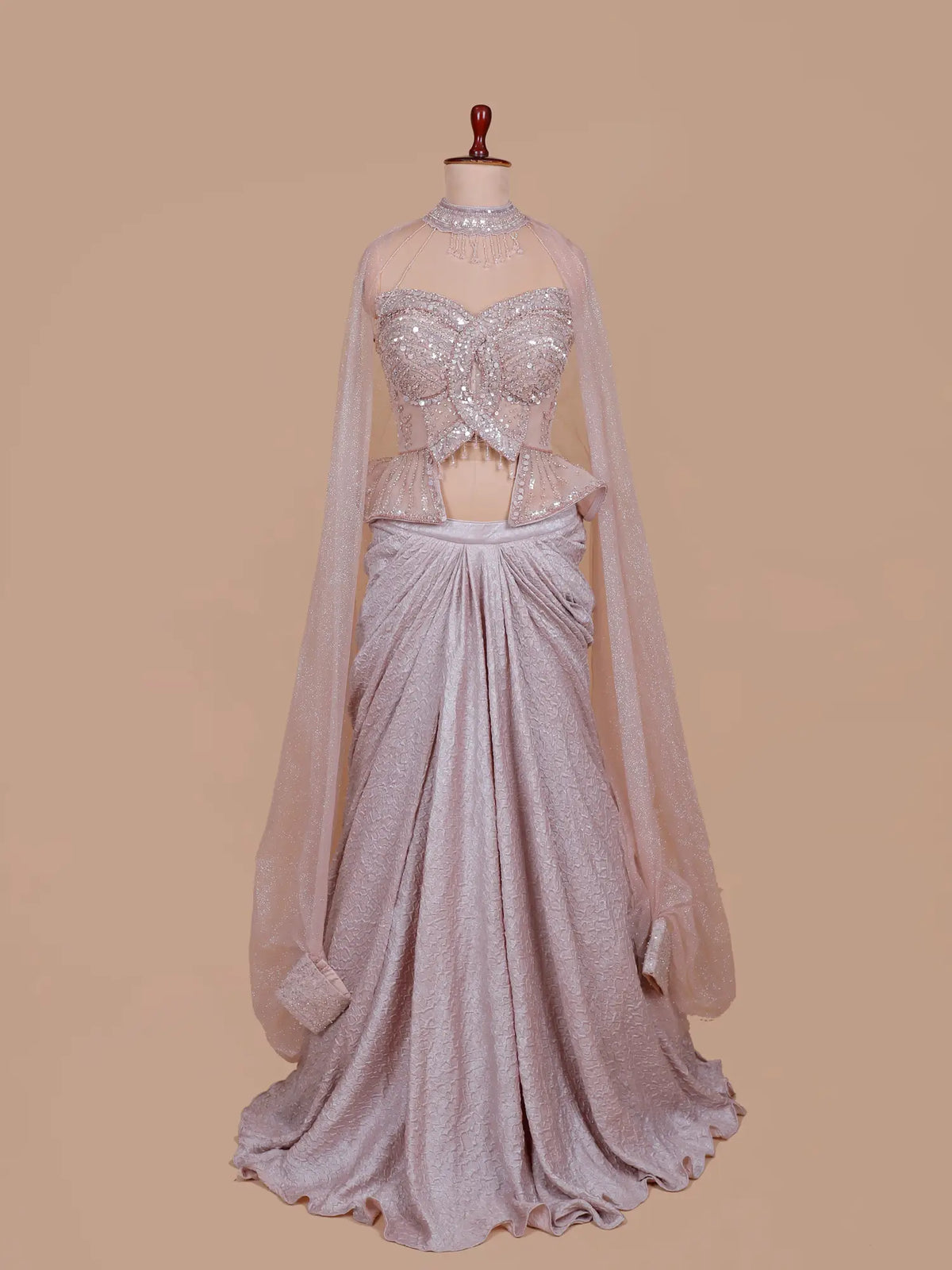 Unique Light Pink Imported Ready To Wear Saree With Choker Dupatta