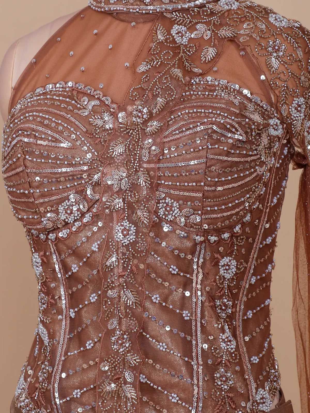 Glamorous Metallic Bronze Imported Pre Drape Saree with Beaded Corset Blouse