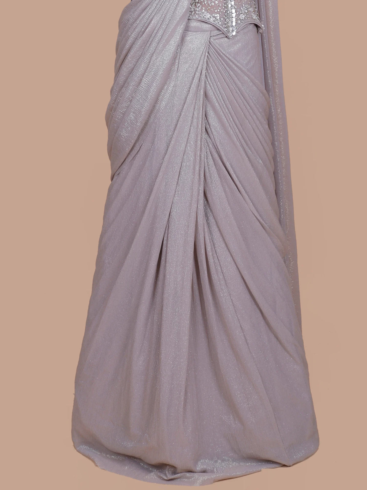 Light Lavender Imported Shimmer Pre Draped Saree With Sequins Work
