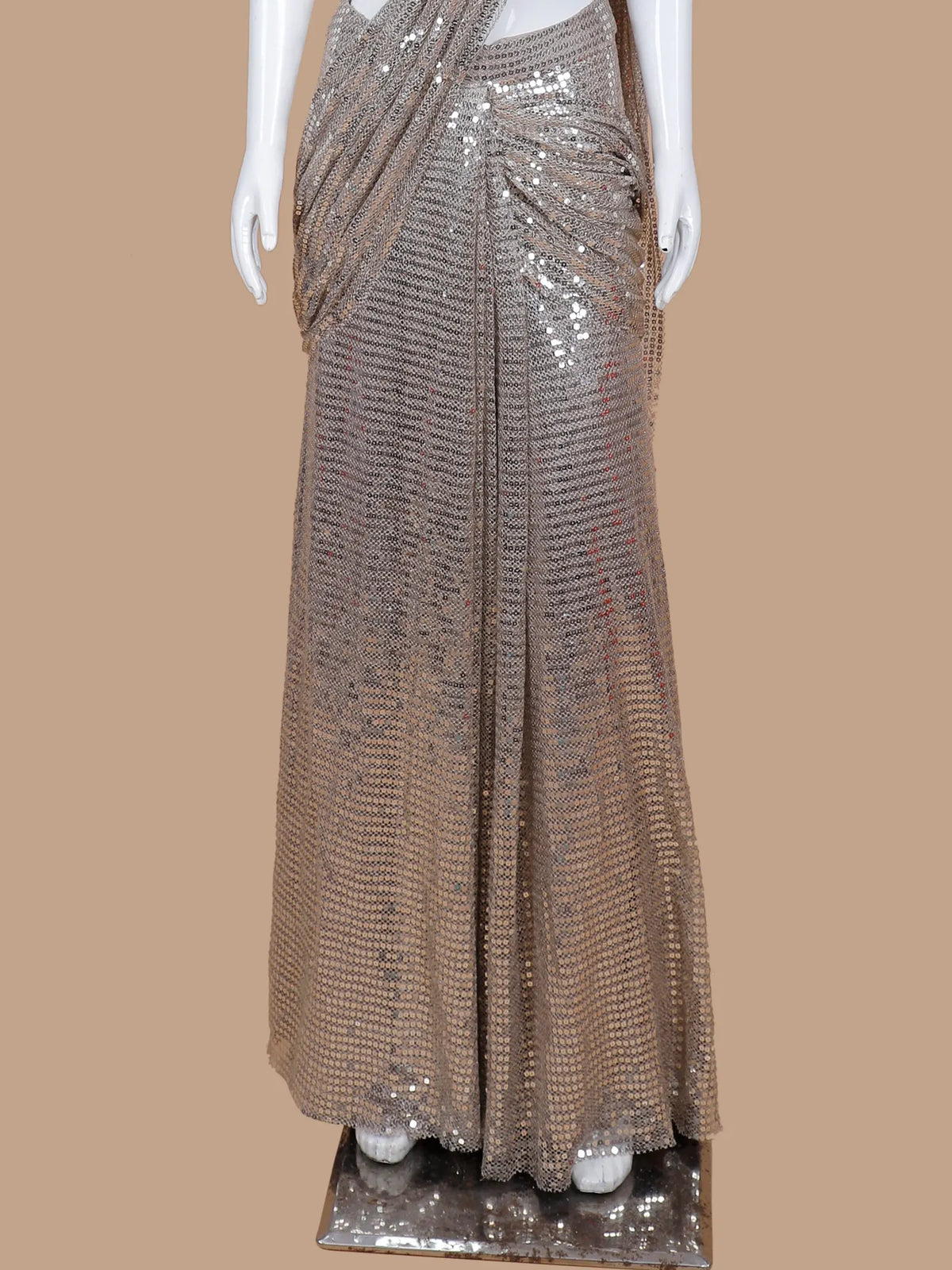 Light Beige Imported Sequin Pre Drape Saree with Cut Dana Crystal Work