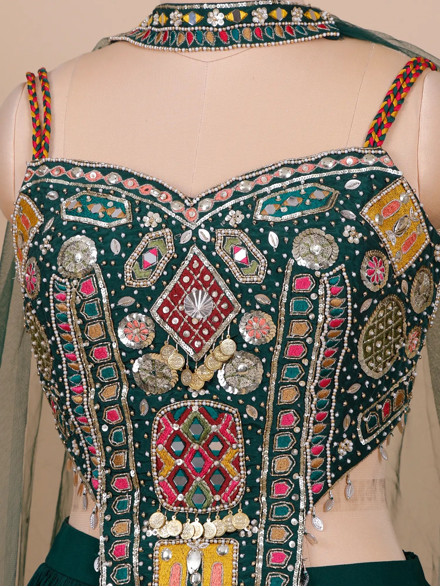 Premium Dark Green Chinon Lehenga Choli With Pearl Design