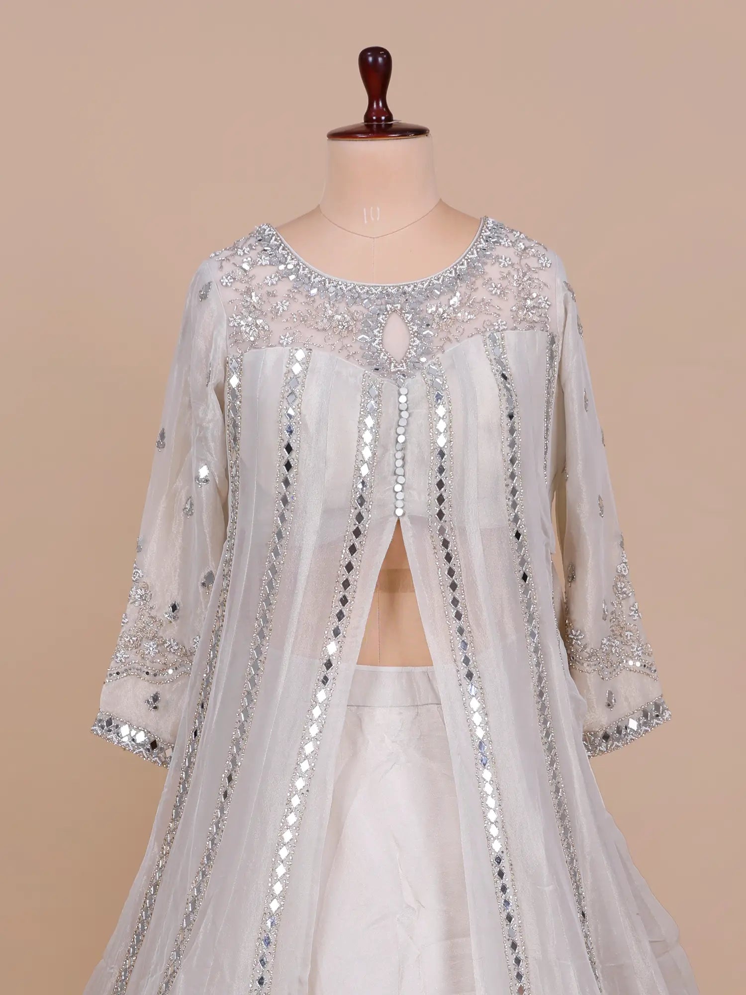 Trending Off White Shimmer Indo Western Lehenga With Resham Work