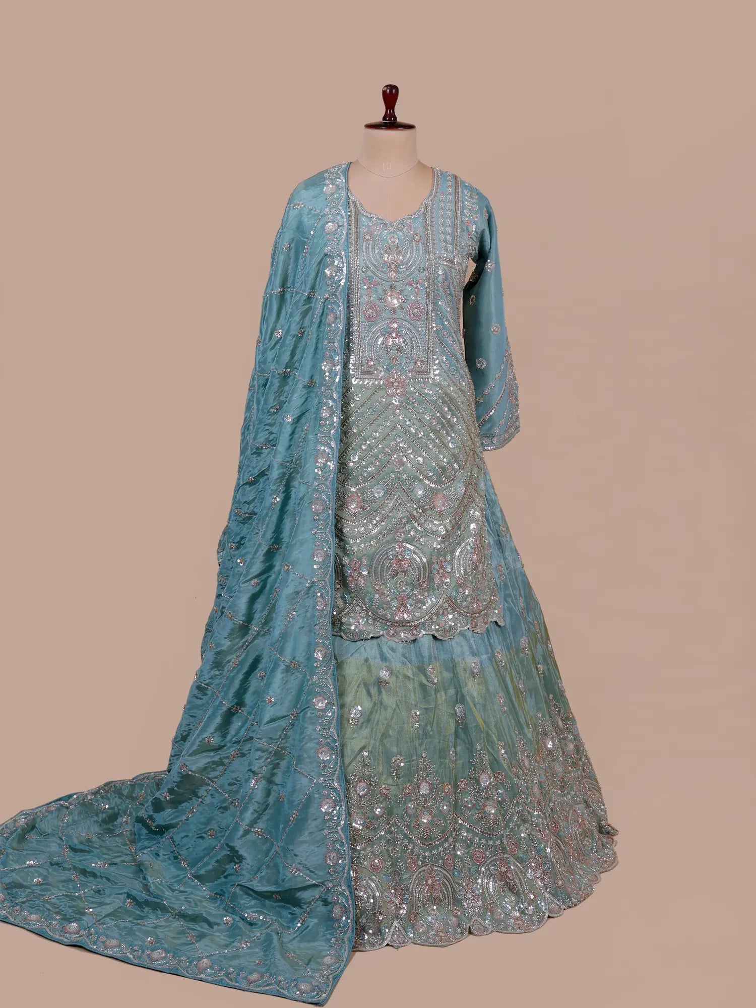Premium Traditional Sky Blue Shimmer Peplum Lehenga With Pearl Work