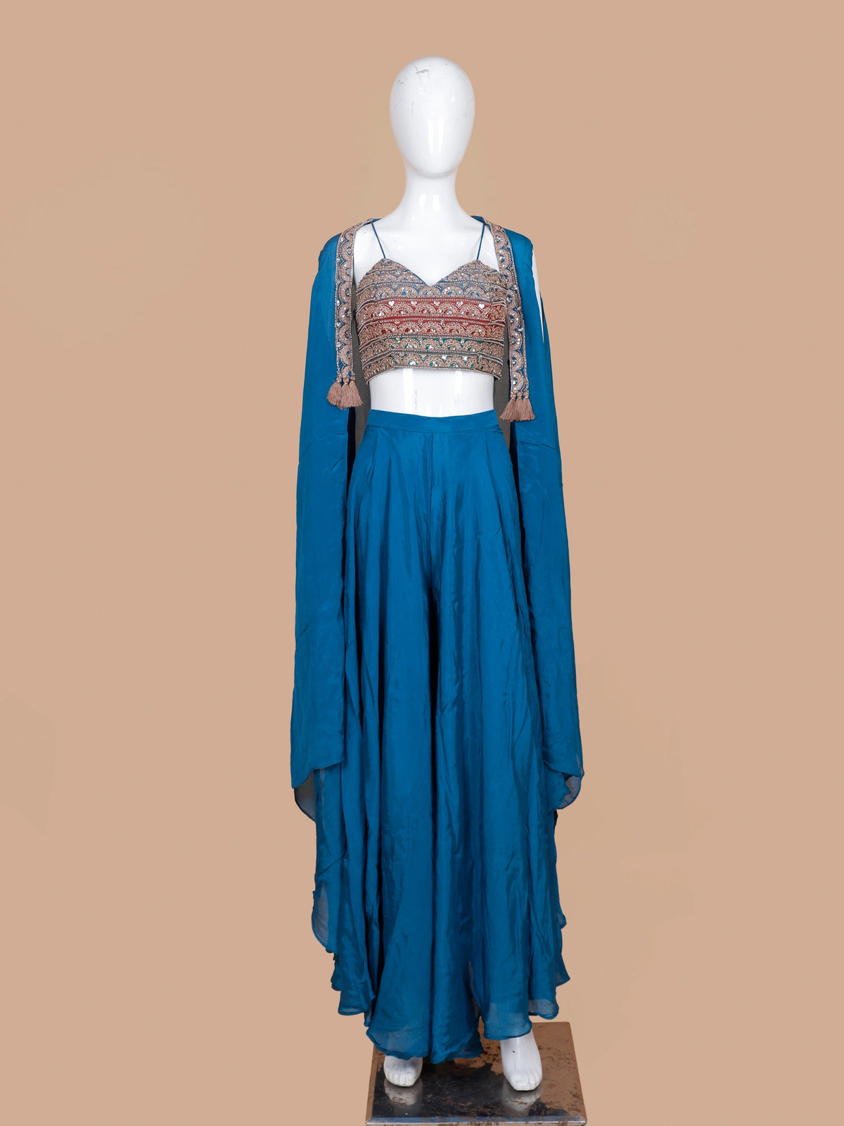 Choose Blue Chinon Indo Western Palazzo Suit Showcasing Designer Shrug