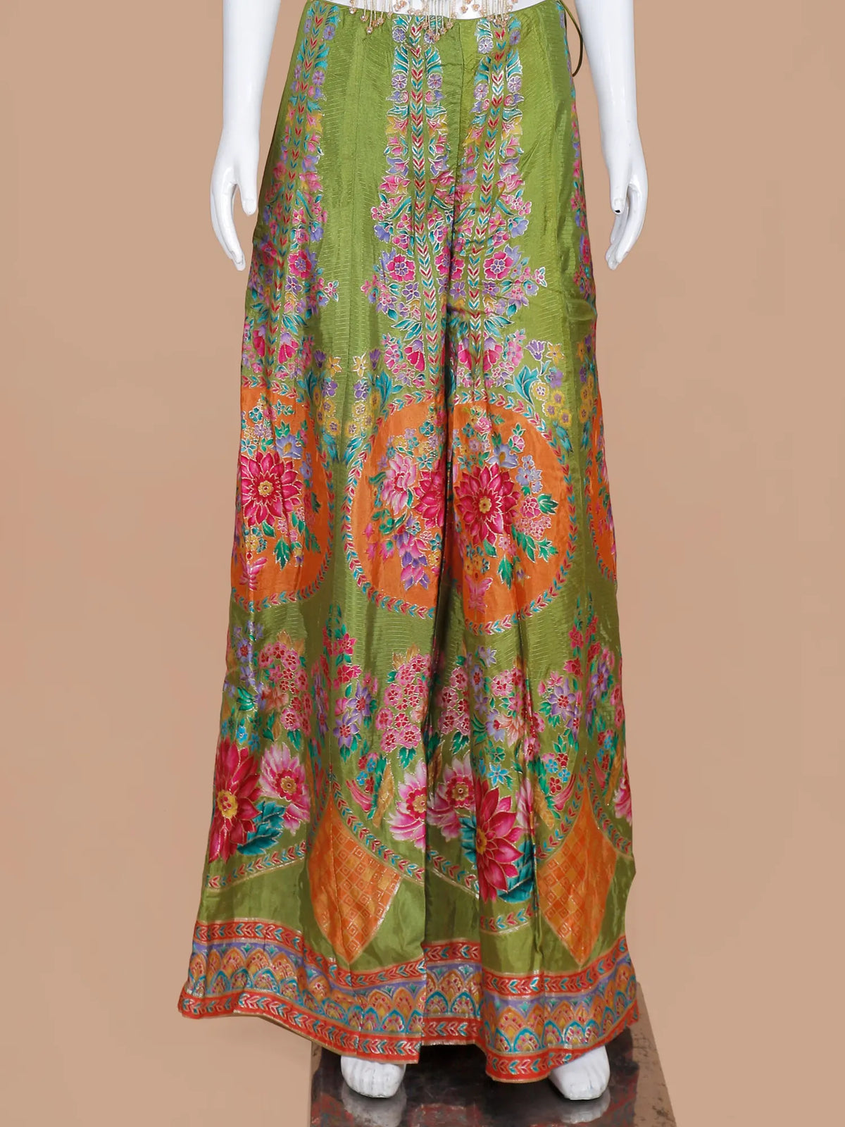 Green Silk Indo Western Palazzo Suit Featuring Floral Print and Moti Details