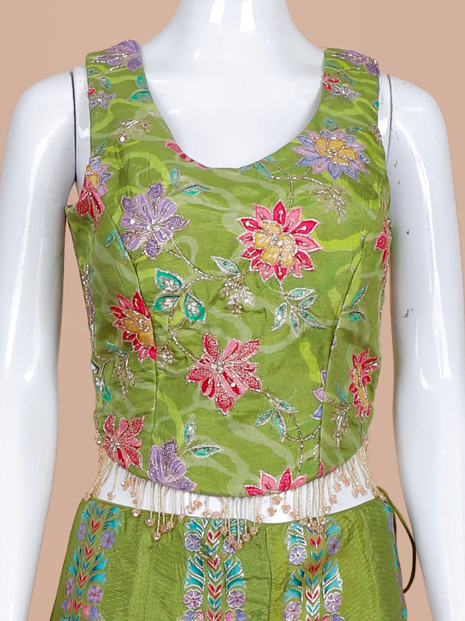 Green Silk Indo Western Palazzo Suit Featuring Floral Print and Moti Details