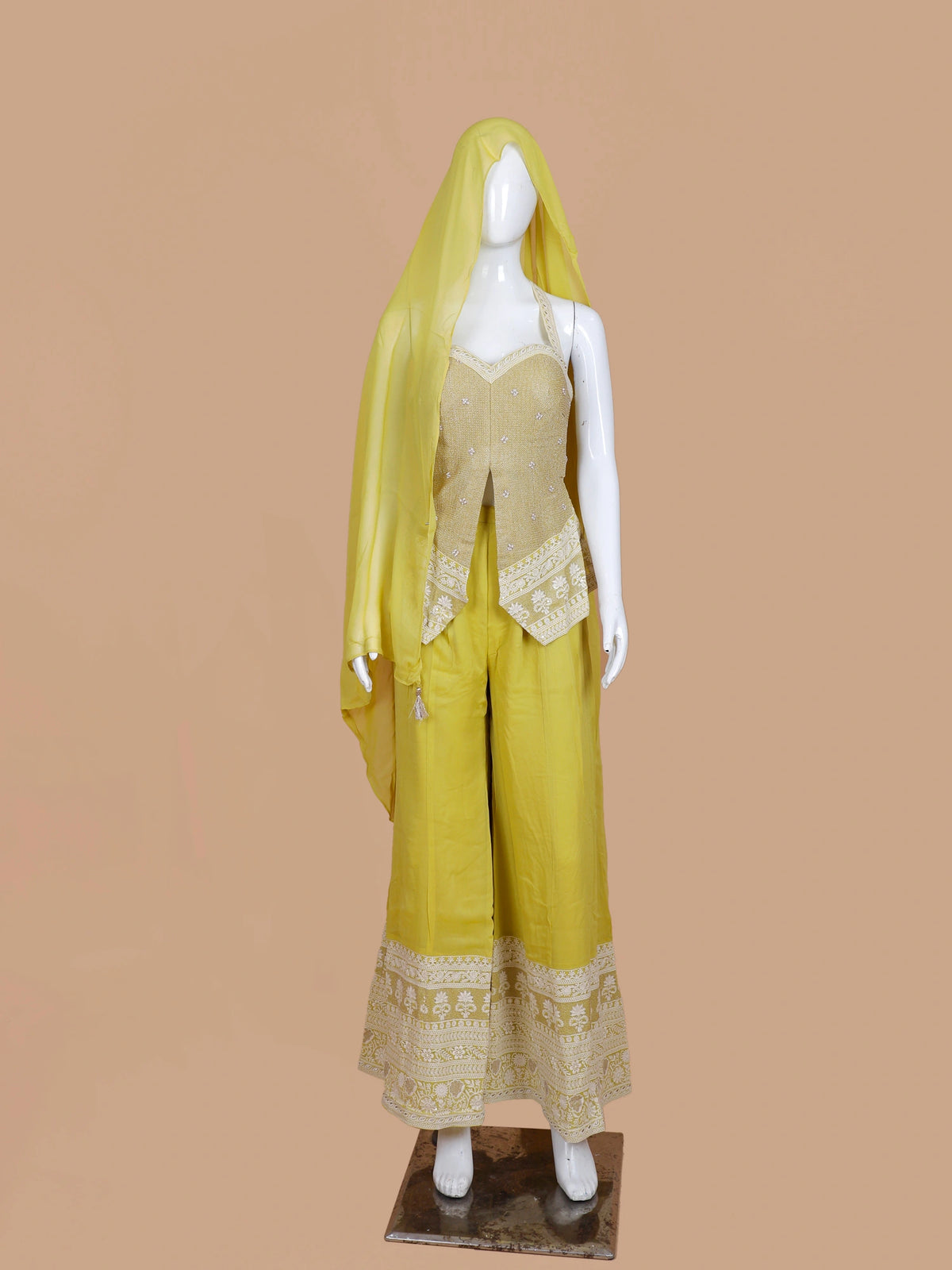 Order Lemon Organza Indo Western Palazzo Suit Featuring Unique Upper Style