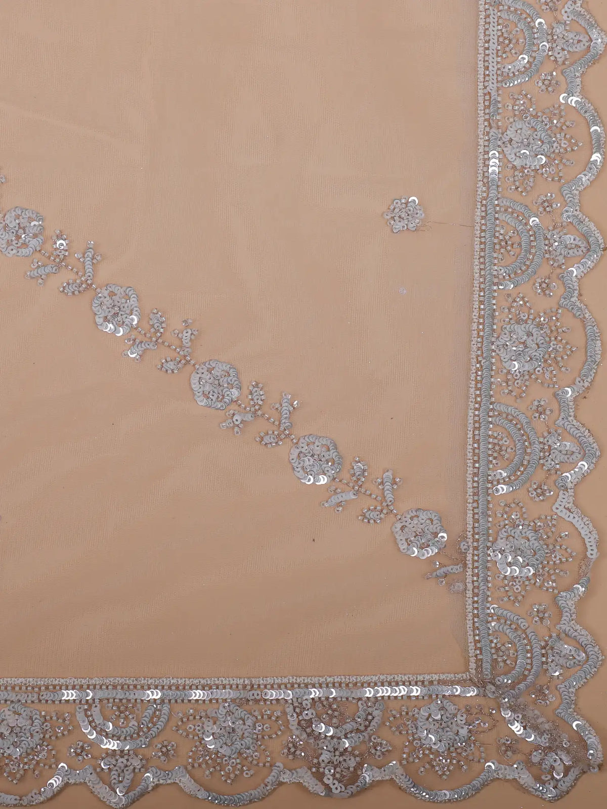 Off-White Net Lehenga Featuring Intricate Silver Embroidery