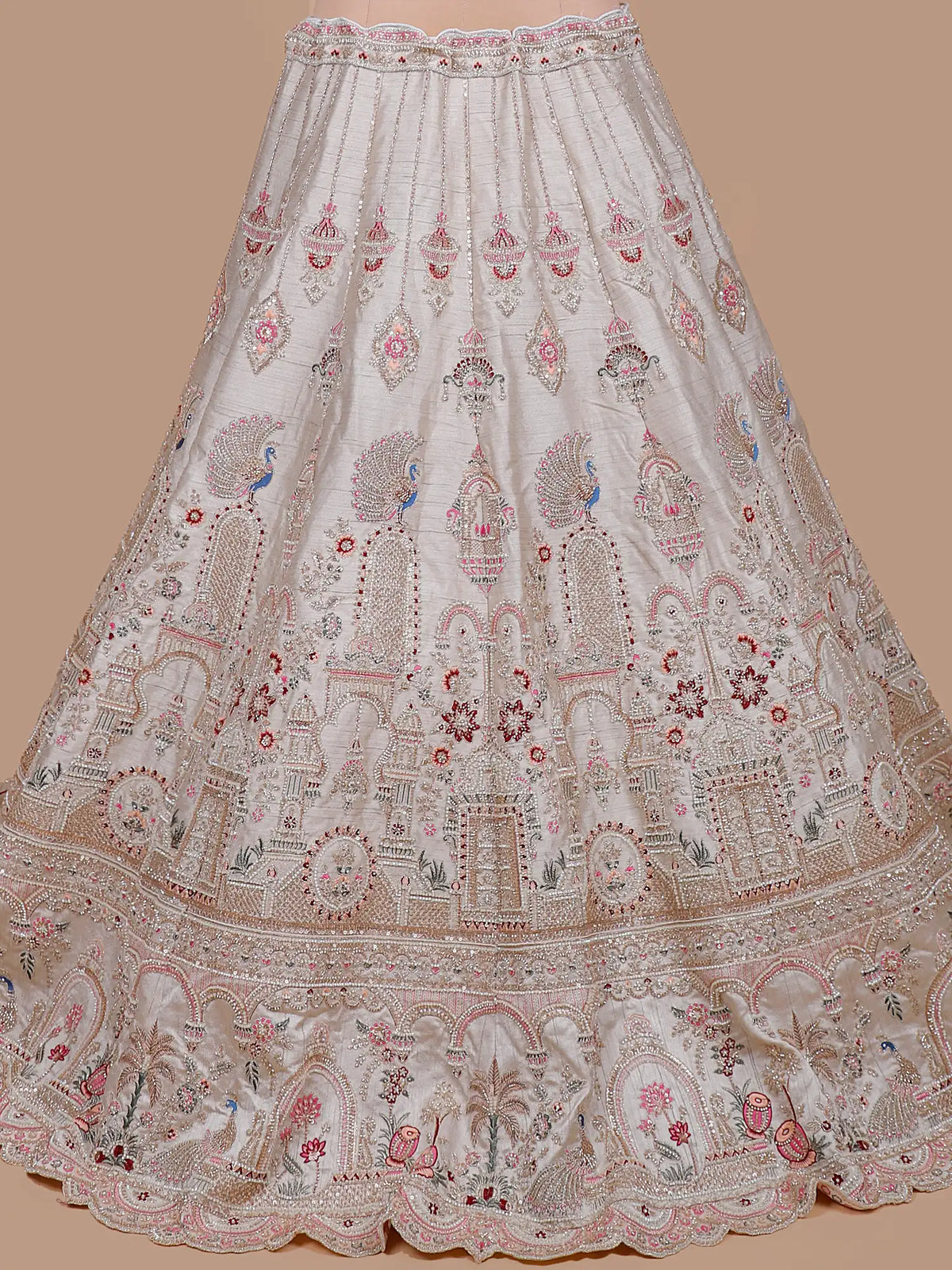 Grand Off White Silk Lehenga with Royal Arches and Peacock Embroidery
