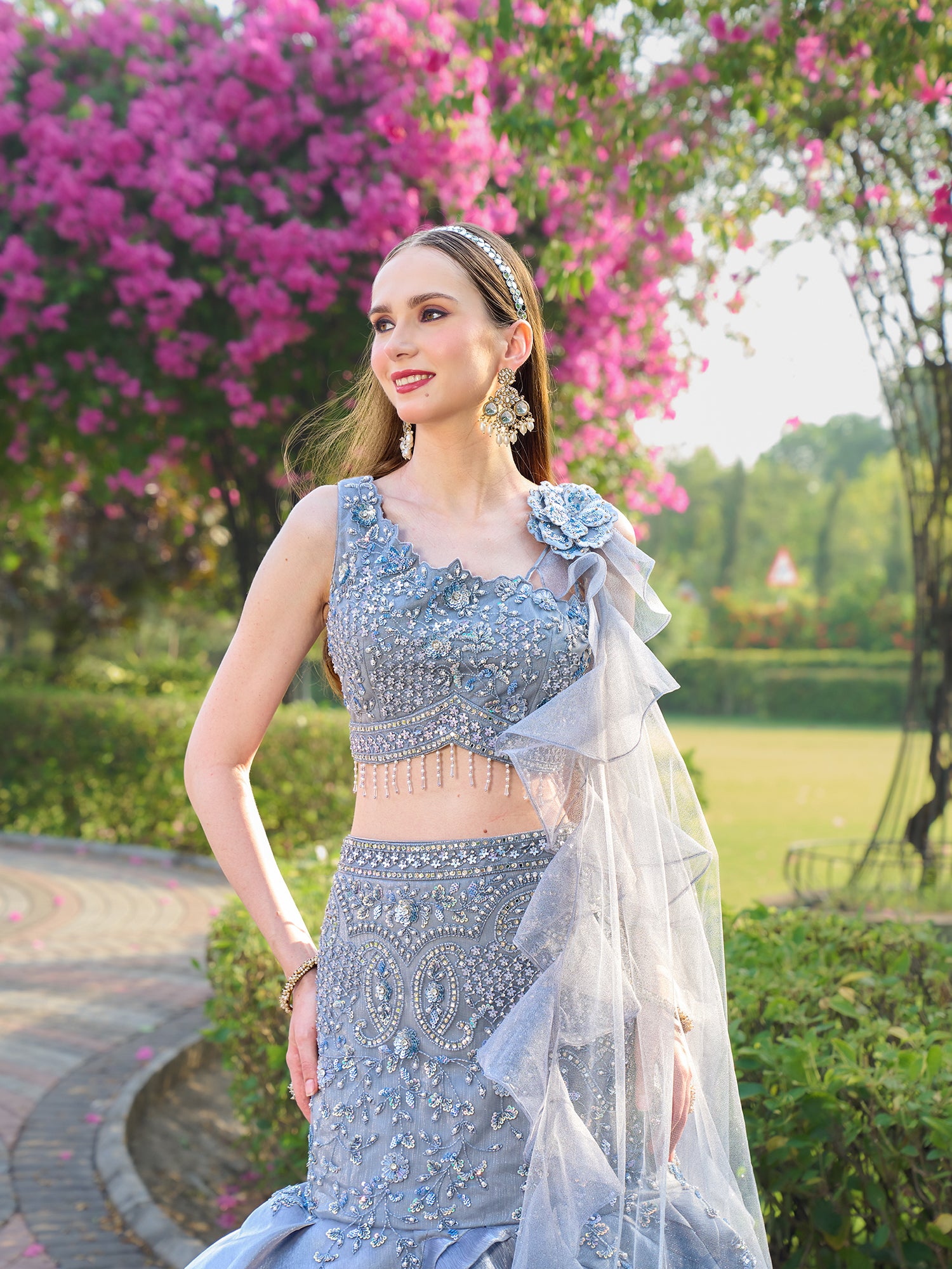 Silver Fish Cut Gown In Net With Sequins Beads And Mirror Handwork