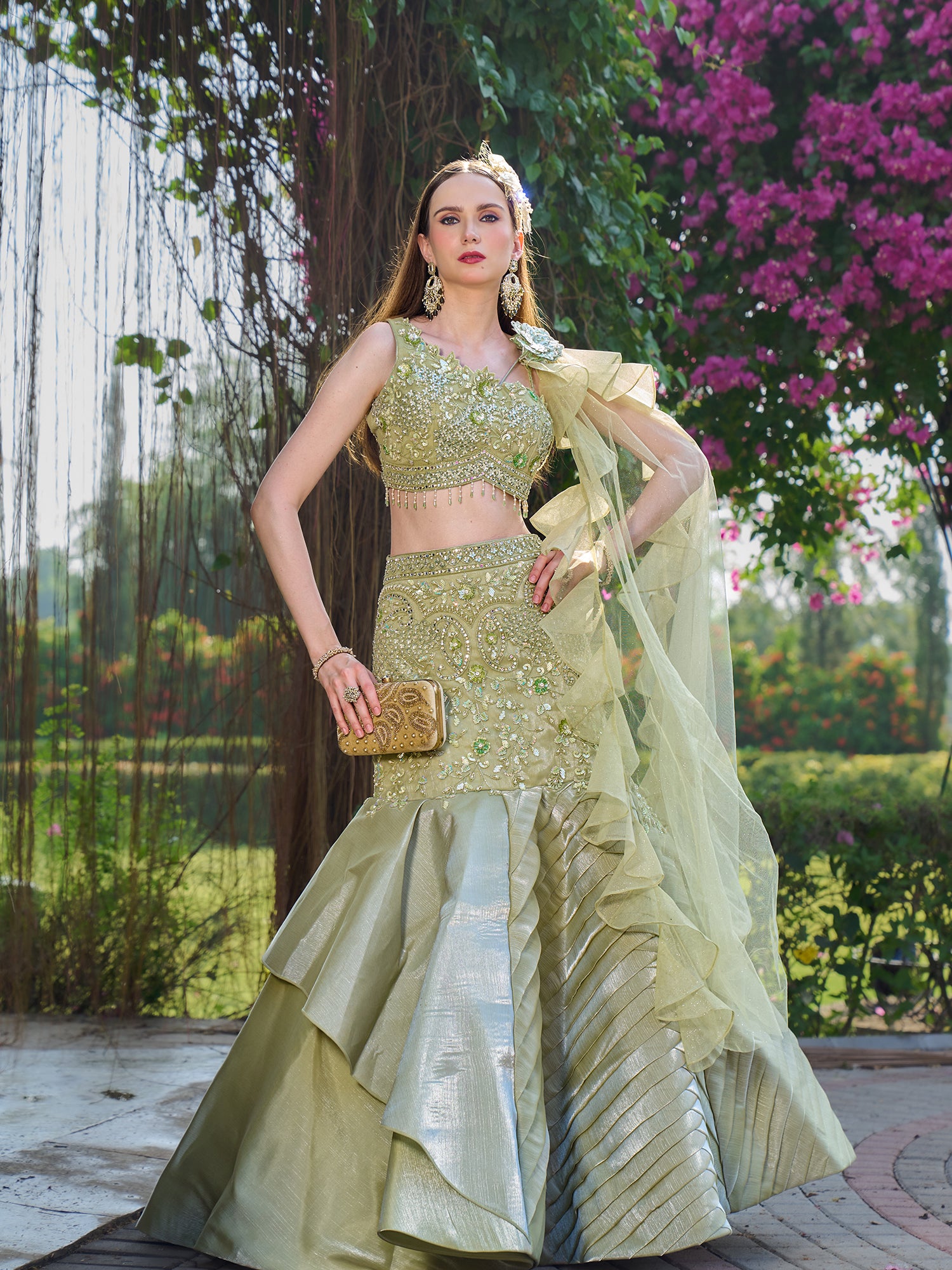 Pista Green Fish Cut Gown In Net Fabric