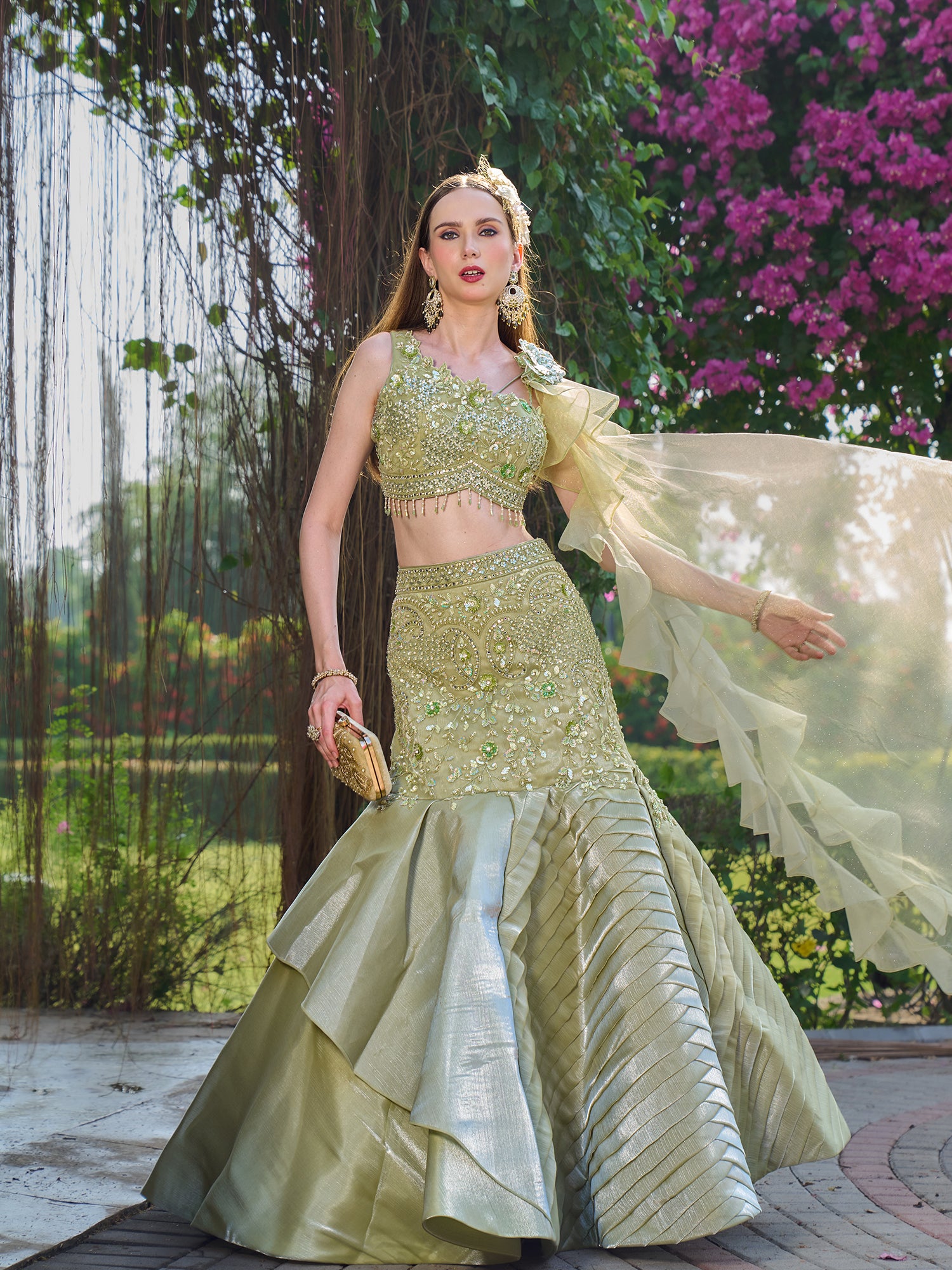 Pista Green Fish Cut Gown In Net Fabric