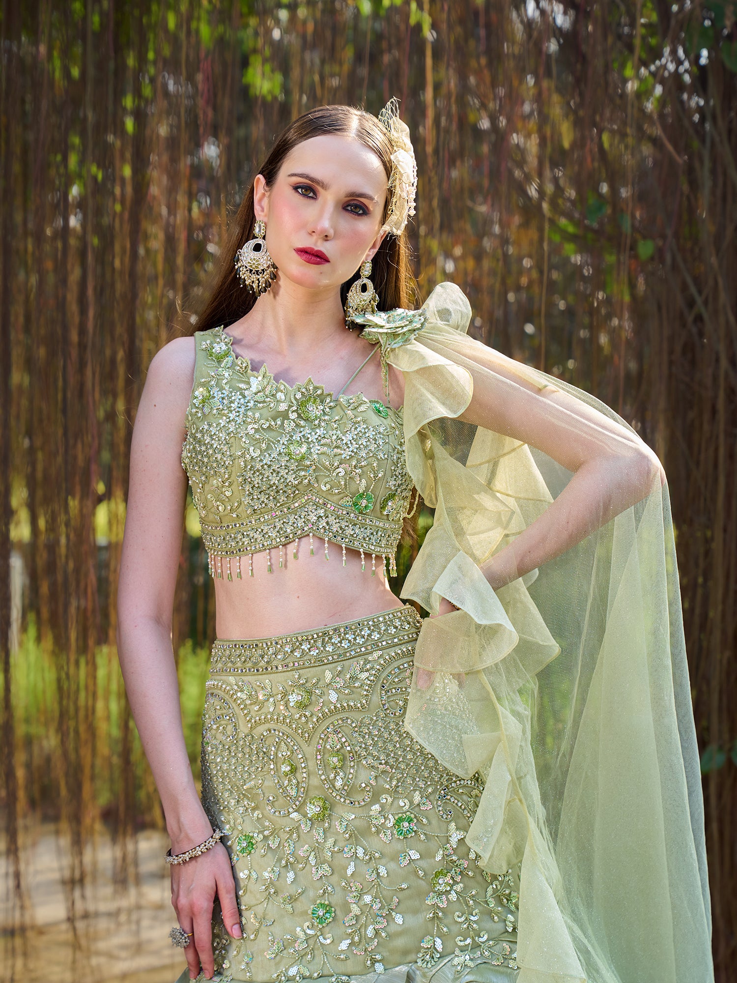 Pista Green Fish Cut Gown In Net Fabric