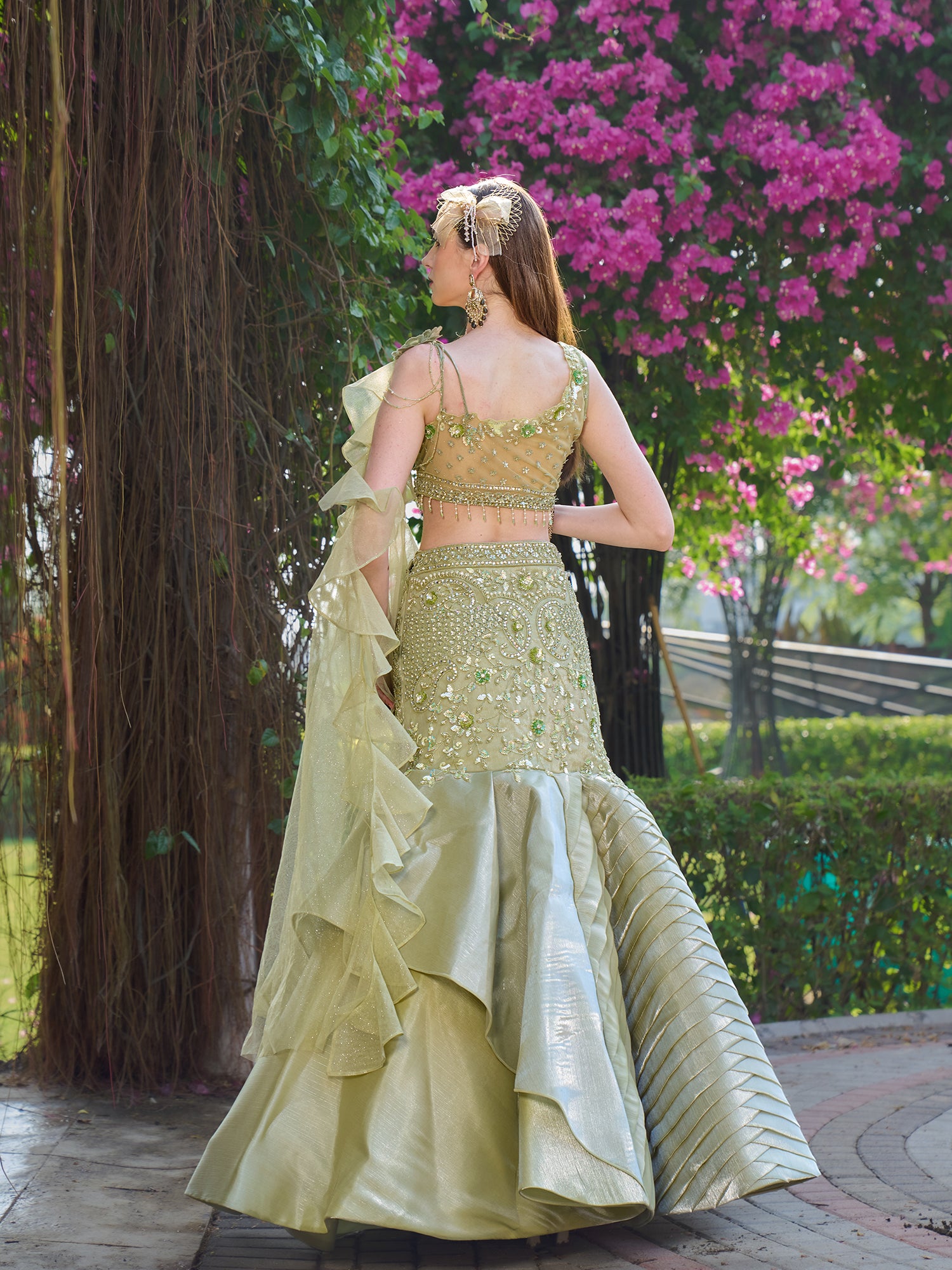 Pista Green Fish Cut Gown In Net Fabric