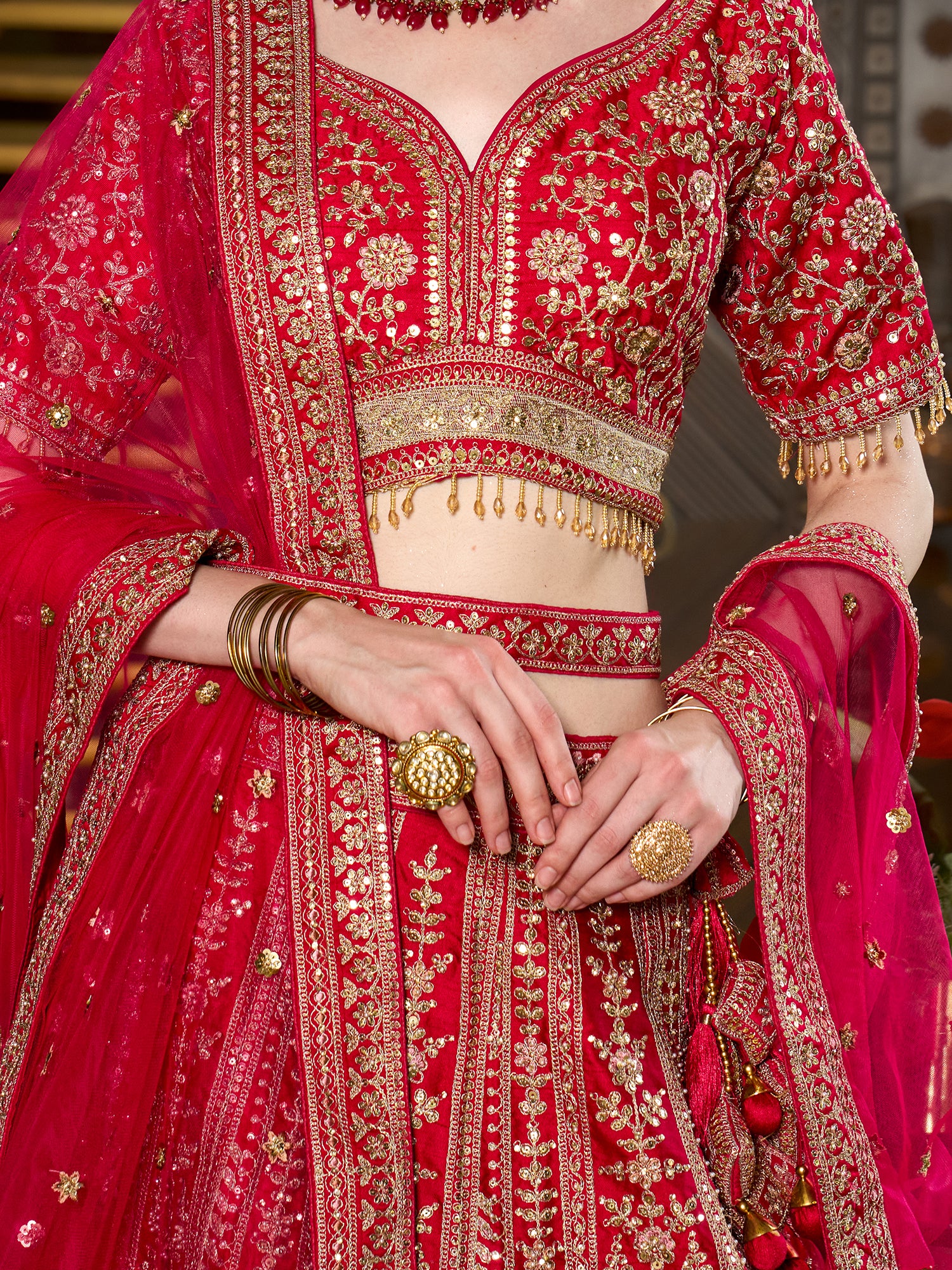 Designer Red Silk Lehenga With Intricate Embroidery And Sequins
