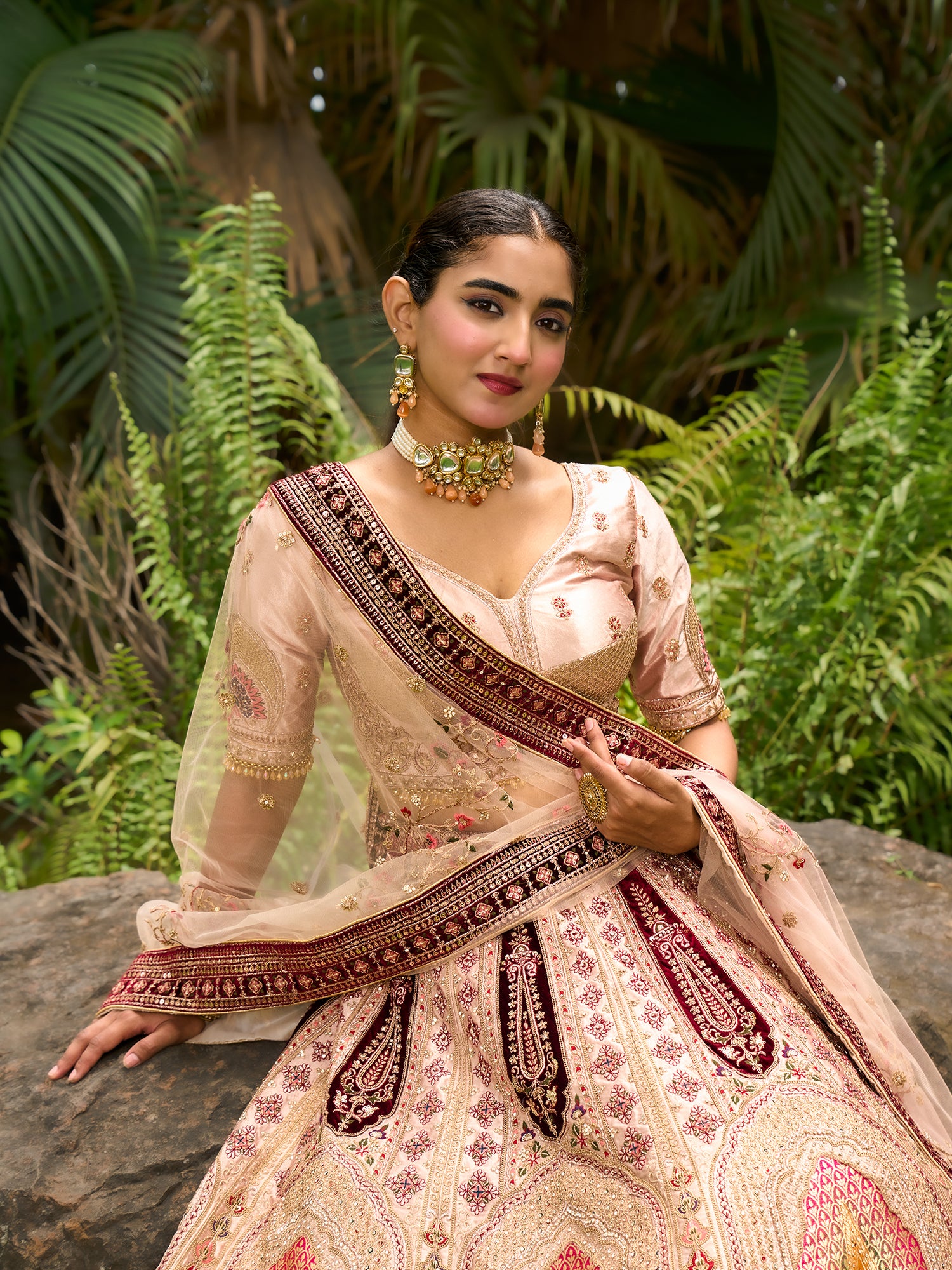 Pink And Maroon Silk Velvet Lehenga With Jarkan