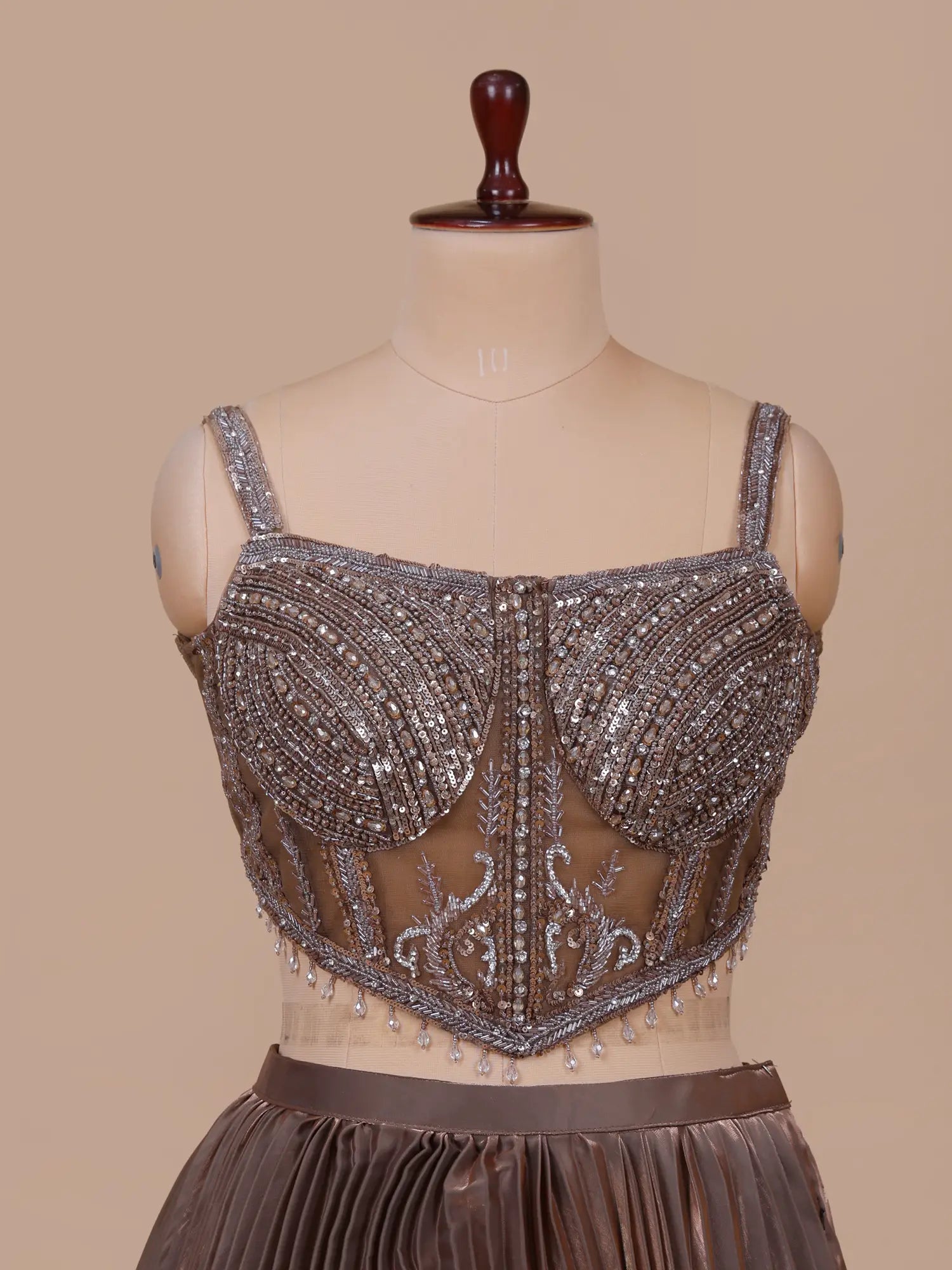 Affordable Brown Organza party Lehenga With Cut Dana Work