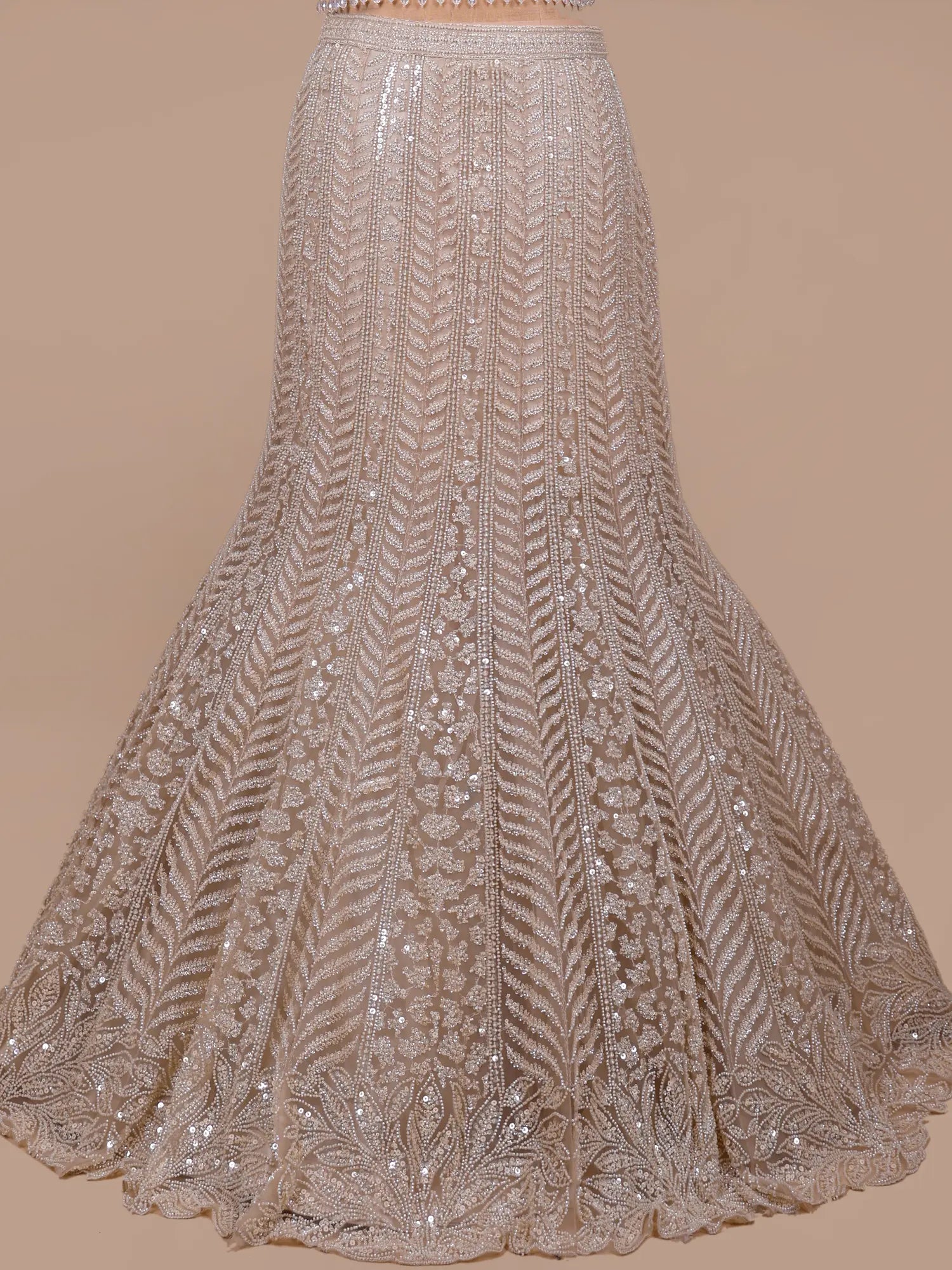 Shop Champagne Net Fishcut Lehenga Online With Sequins Work