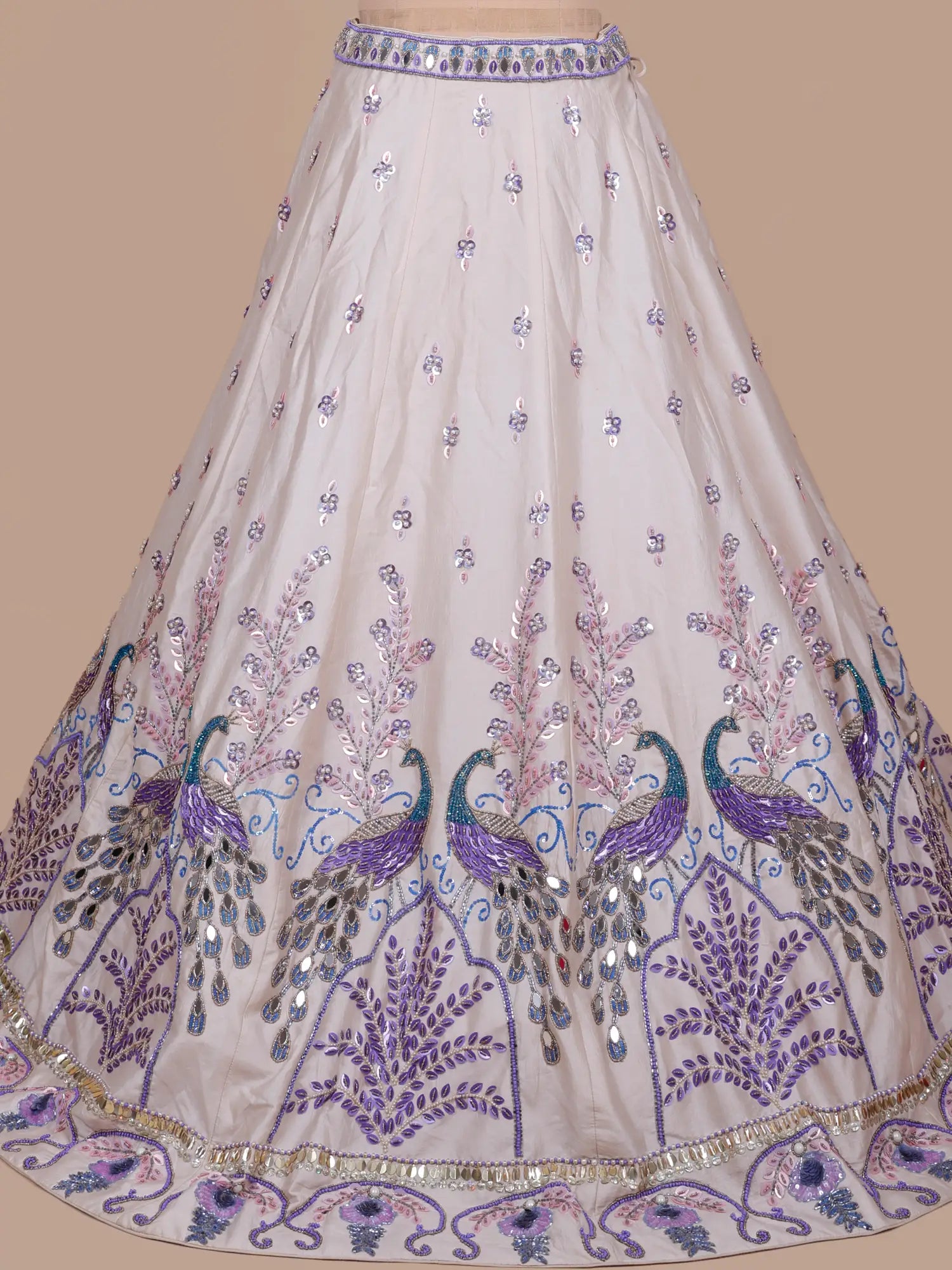 Luxury Celebrity Inspired Ivory Silk Lehenga with Mirror Work for Weddings