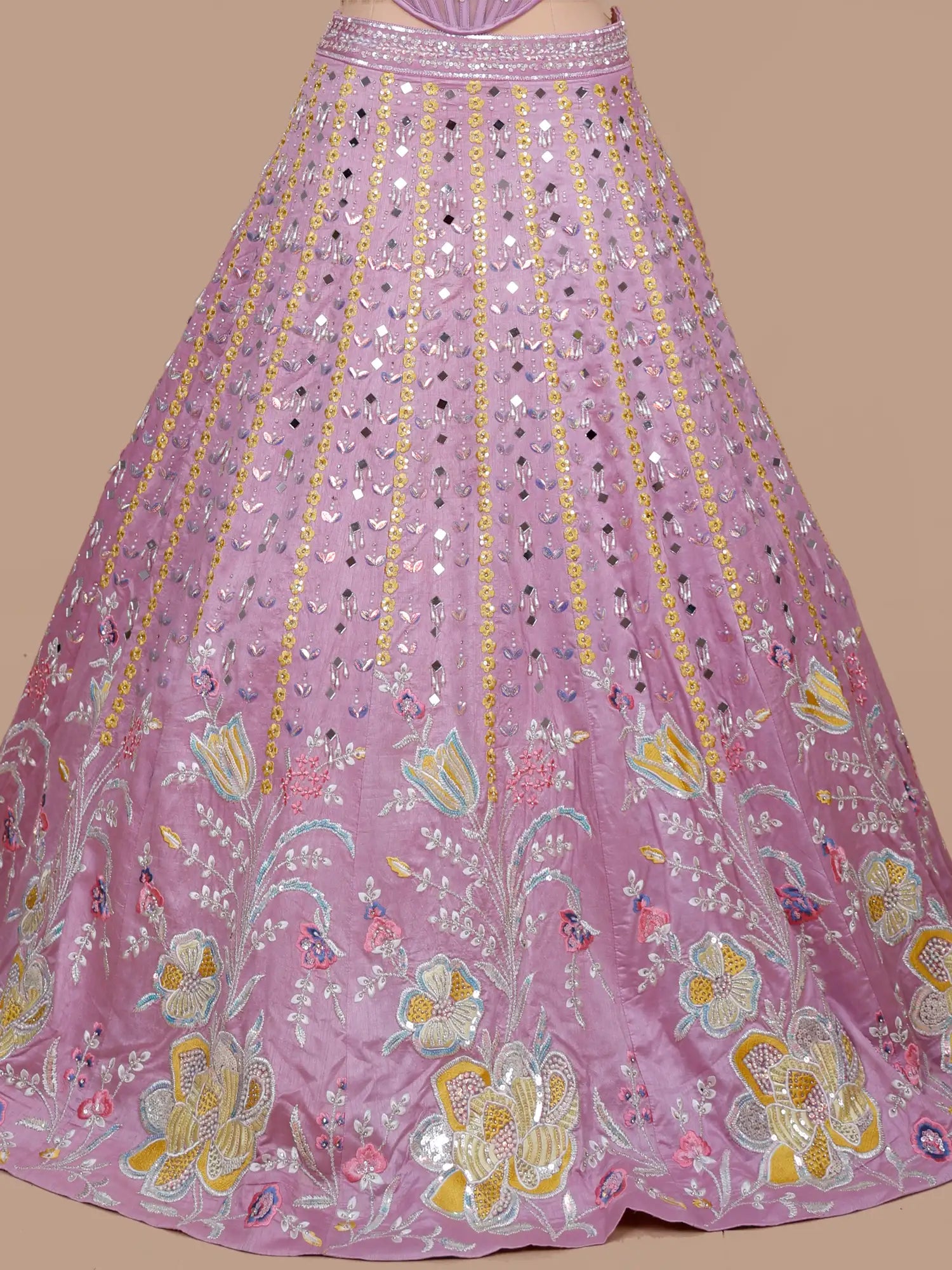 Stylish Lilac Party Wear Silk Lehenga Mirror Diamond Design